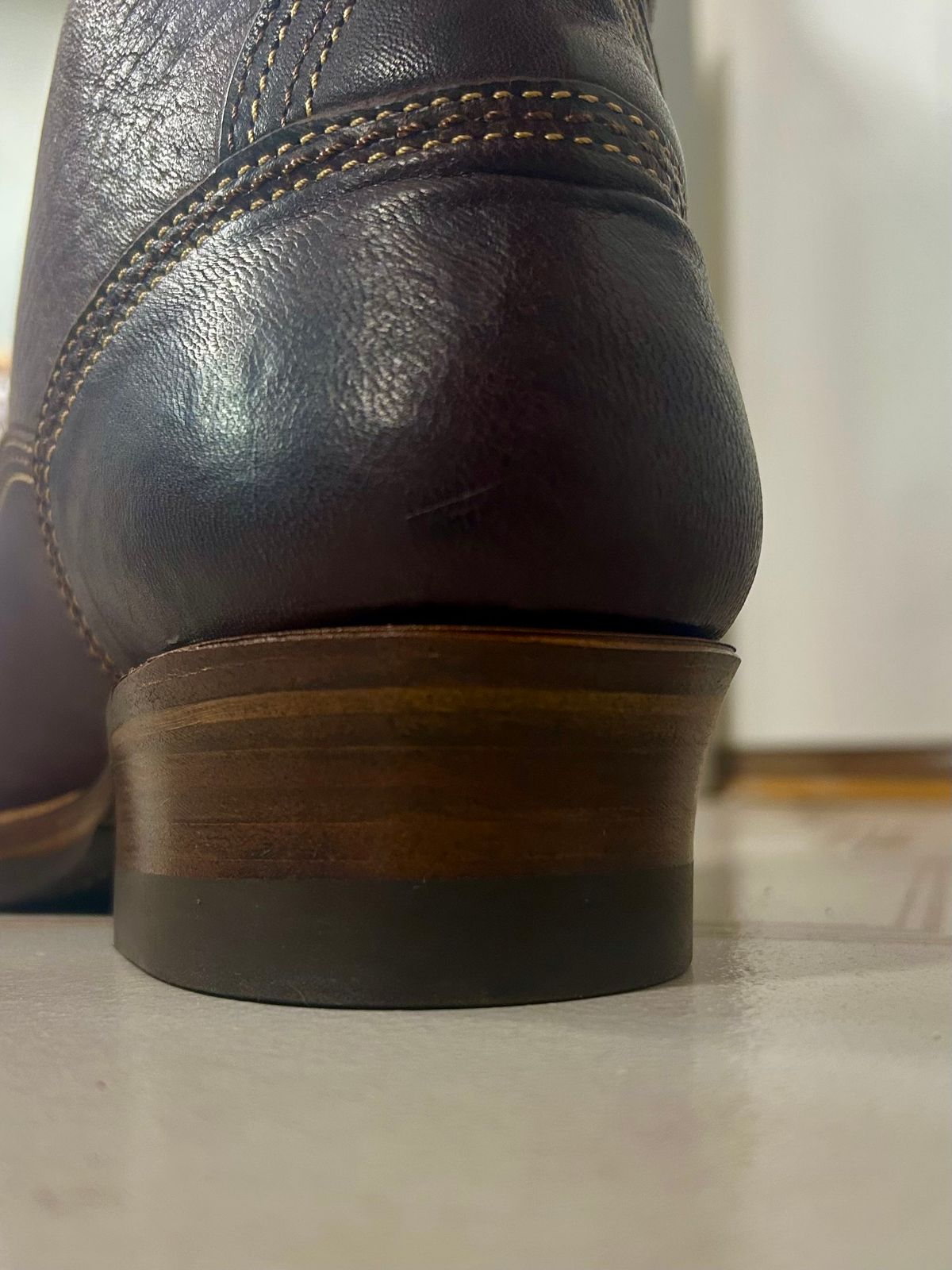 Photo by Vic on June 5, 2026 of the John Lofgren Donkey Puncher Boots in Ezo Shika Deerskin Burnt Dark Brown.