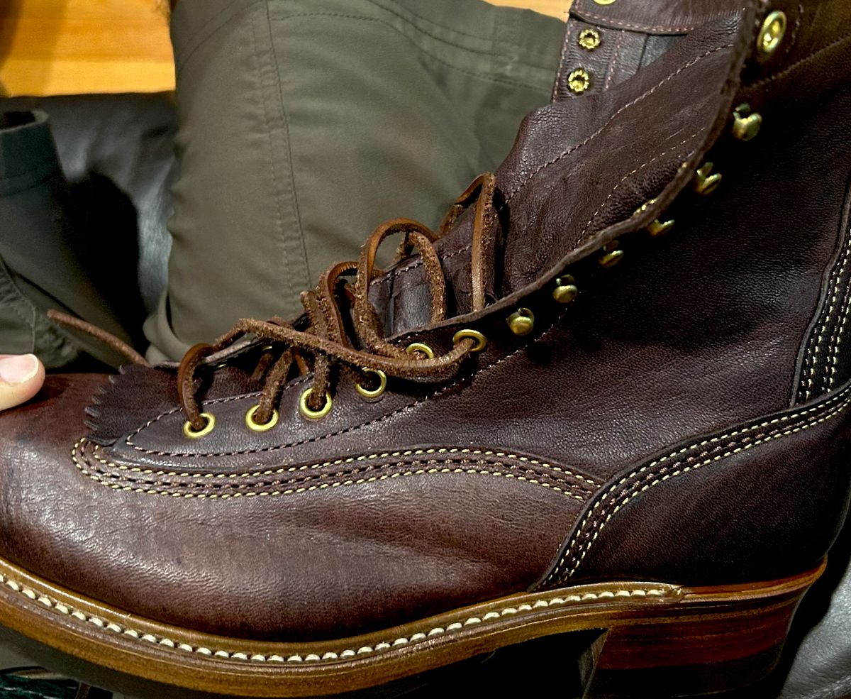 Photo by Vic on June 11, 2026 of the John Lofgren Donkey Puncher Boots in Ezo Shika Deerskin Burnt Dark Brown.