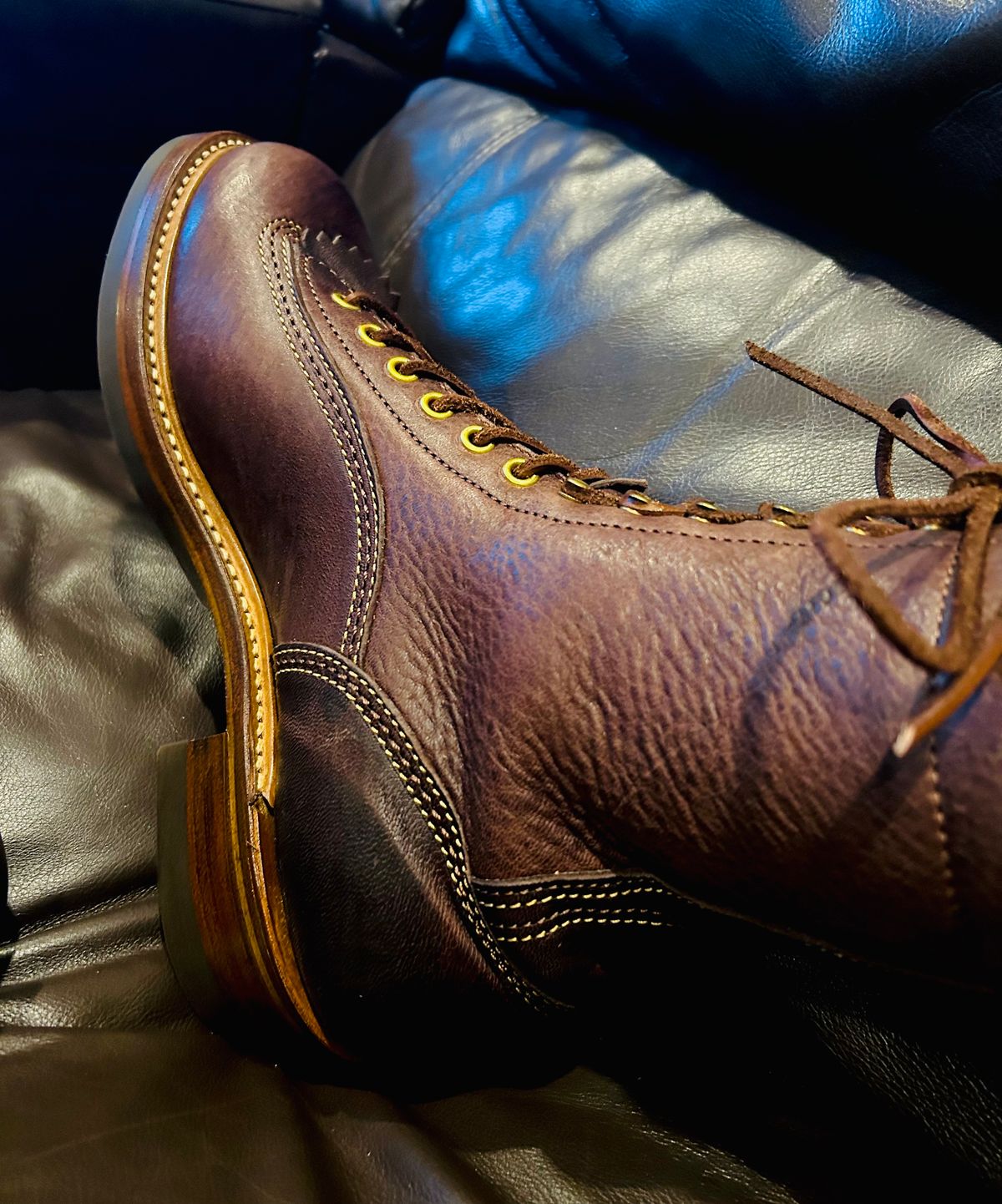 Photo by Vic on June 11, 2026 of the John Lofgren Donkey Puncher Boots in Ezo Shika Deerskin Burnt Dark Brown.