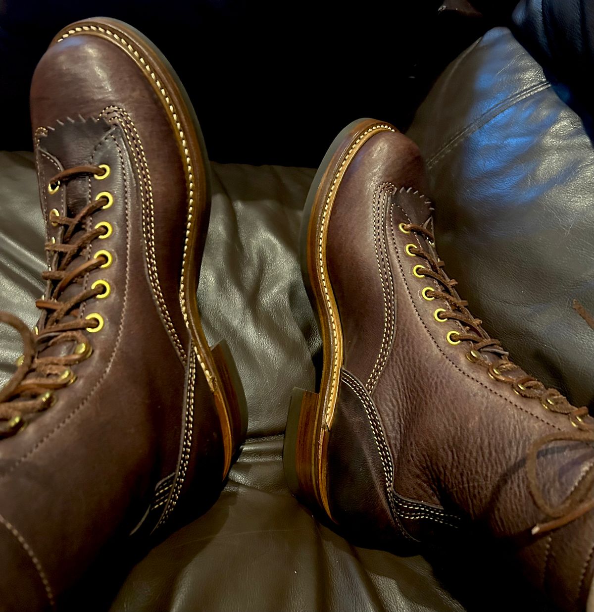 Photo by Vic on June 11, 2026 of the John Lofgren Donkey Puncher Boots in Ezo Shika Deerskin Burnt Dark Brown.