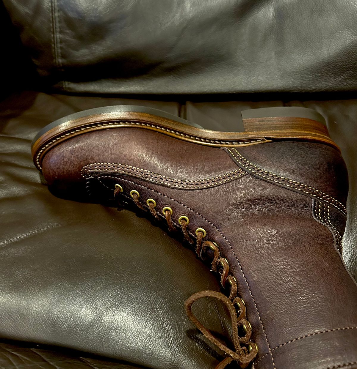 Photo by Vic on June 11, 2026 of the John Lofgren Donkey Puncher Boots in Ezo Shika Deerskin Burnt Dark Brown.