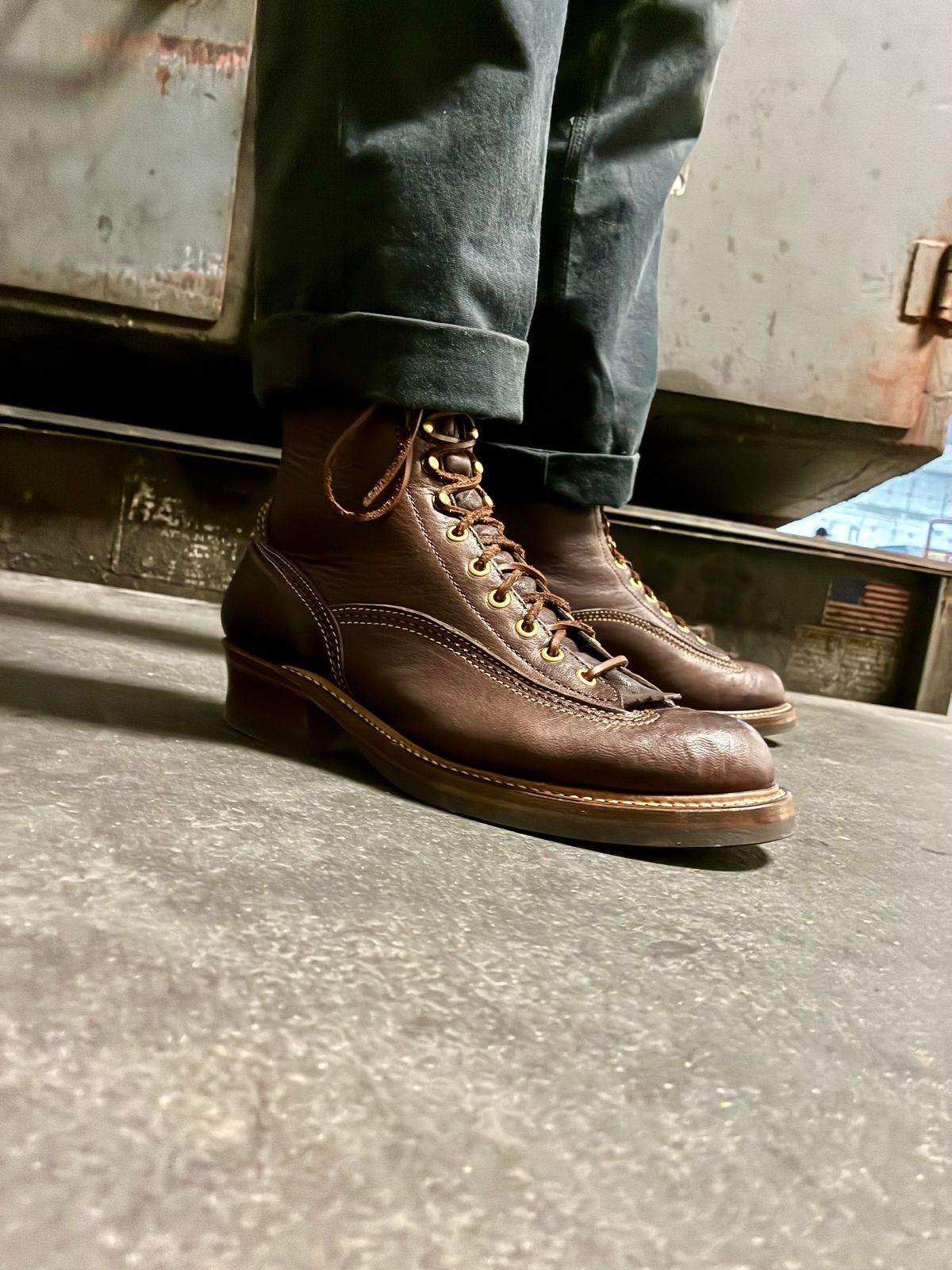 Photo by Vic on June 27, 2026 of the John Lofgren Donkey Puncher Boots in Ezo Shika Deerskin Burnt Dark Brown.