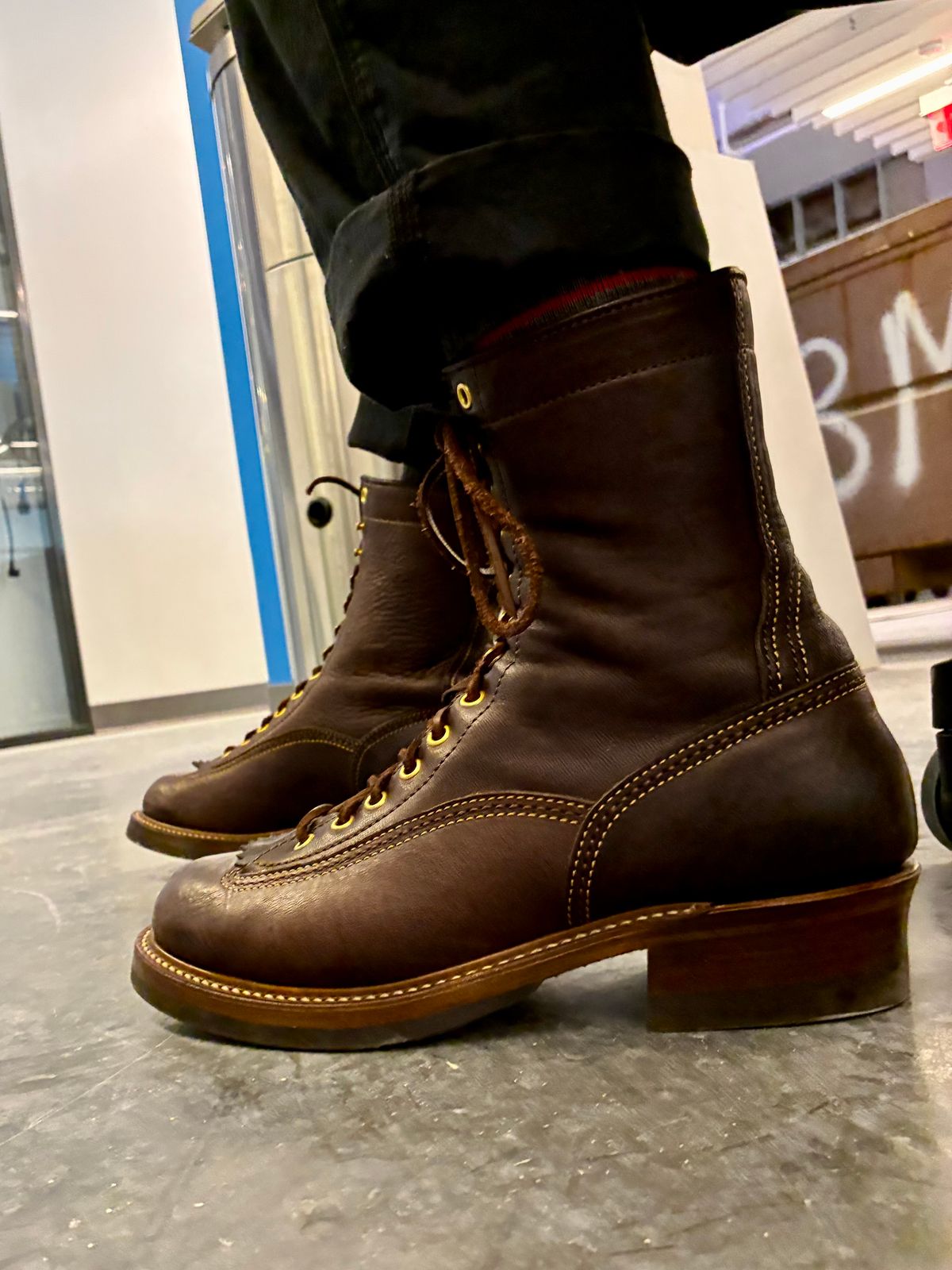 Photo by Vic on June 27, 2026 of the John Lofgren Donkey Puncher Boots in Ezo Shika Deerskin Burnt Dark Brown.