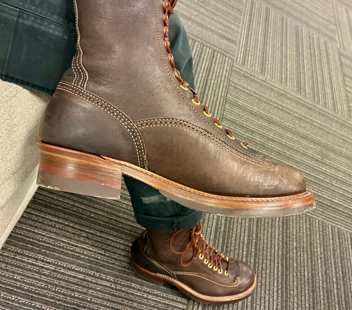 Photo by Vic on June 27, 2026 of the John Lofgren Donkey Puncher Boots in Ezo Shika Deerskin Burnt Dark Brown.