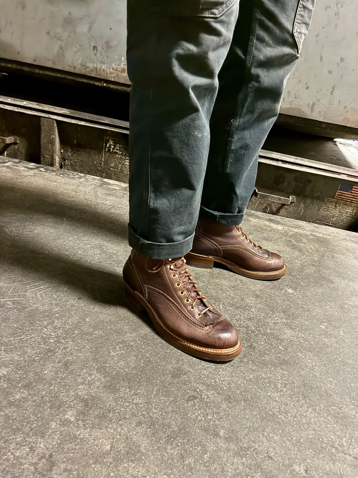 Photo by Vic on June 27, 2026 of the John Lofgren Donkey Puncher Boots in Ezo Shika Deerskin Burnt Dark Brown.