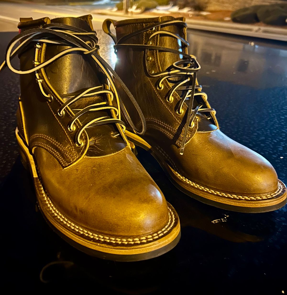 Photo by Vic on March 3, 2026 of the Nicks Falcon in Horween Orange Predator.