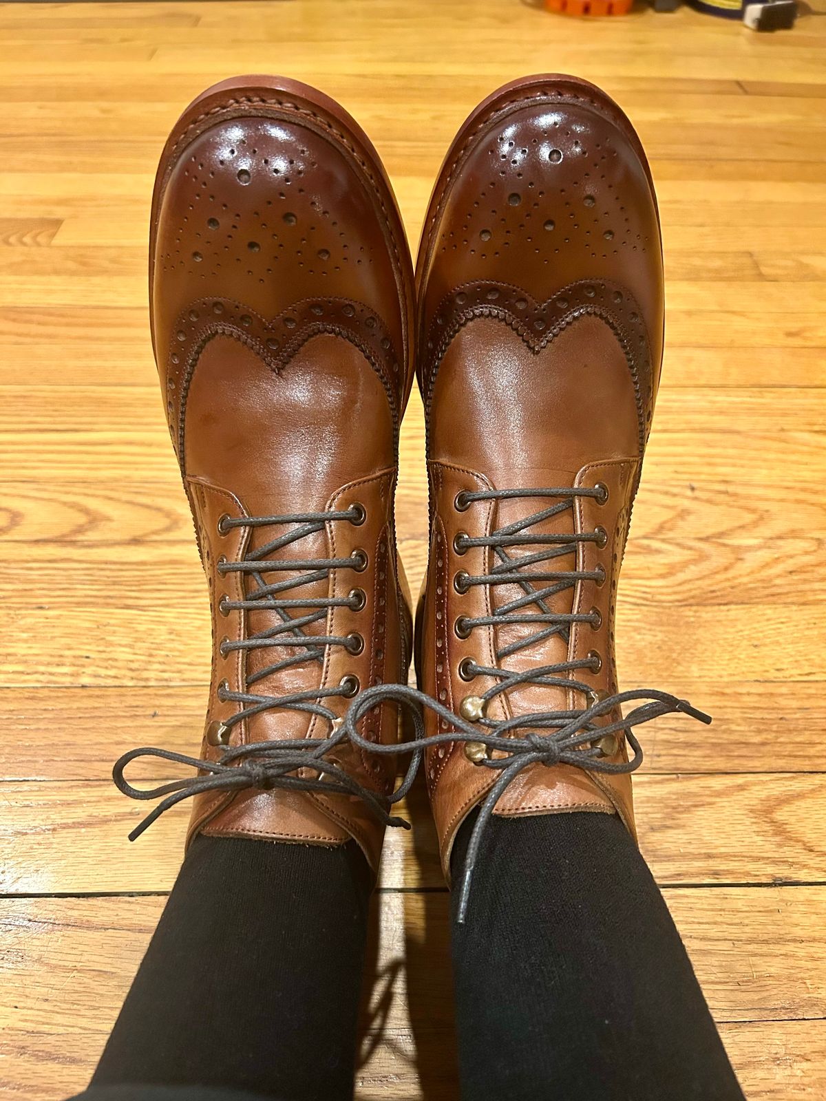 Photo by Vic on February 12, 2026 of the Blkbrd Shoemaker Montero Wingtip Derby Boot in Cognac.