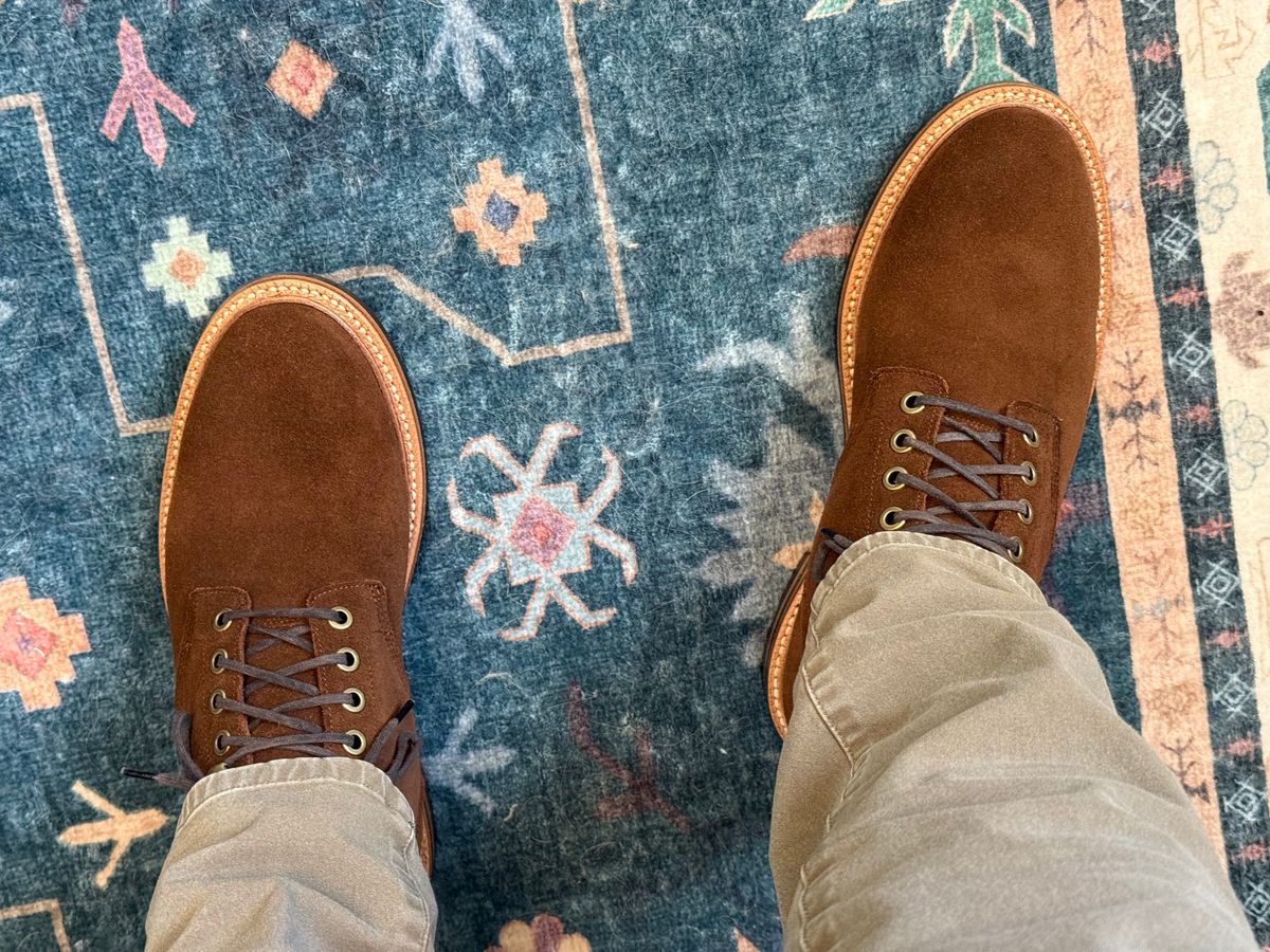 Photo by sierraStyled on April 4, 2026 of the Grant Stone Diesel Boot in C.F. Stead Bourbon Repello Calf Suede.