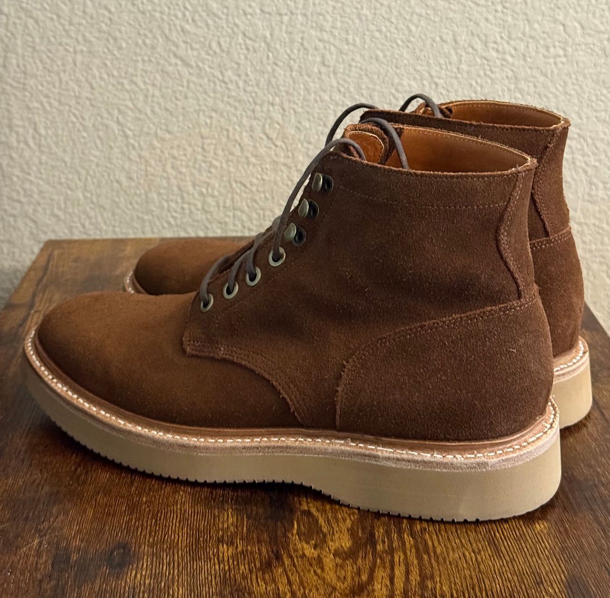 Photo by sierraStyled on May 8, 2026 of the Grant Stone Diesel Boot in C.F. Stead Bourbon Repello Calf Suede.