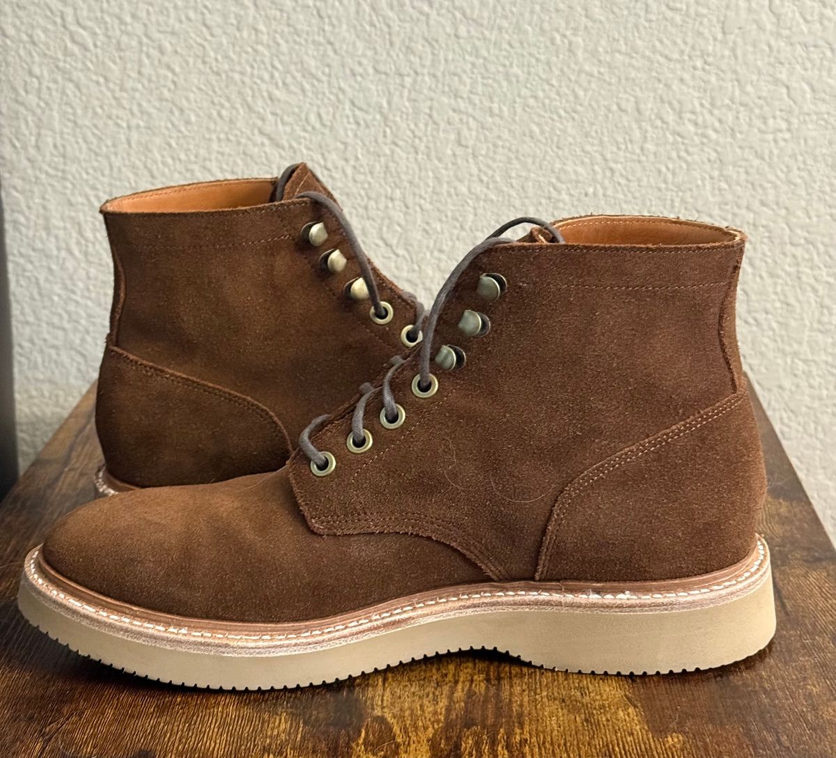 Photo by sierraStyled on May 8, 2026 of the Grant Stone Diesel Boot in C.F. Stead Bourbon Repello Calf Suede.