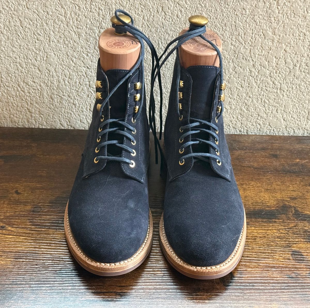 Photo by sierraStyled on November 14, 2025 of the Grant Stone Edward Boot in C.F. Stead Midnight Repello Calf Suede.