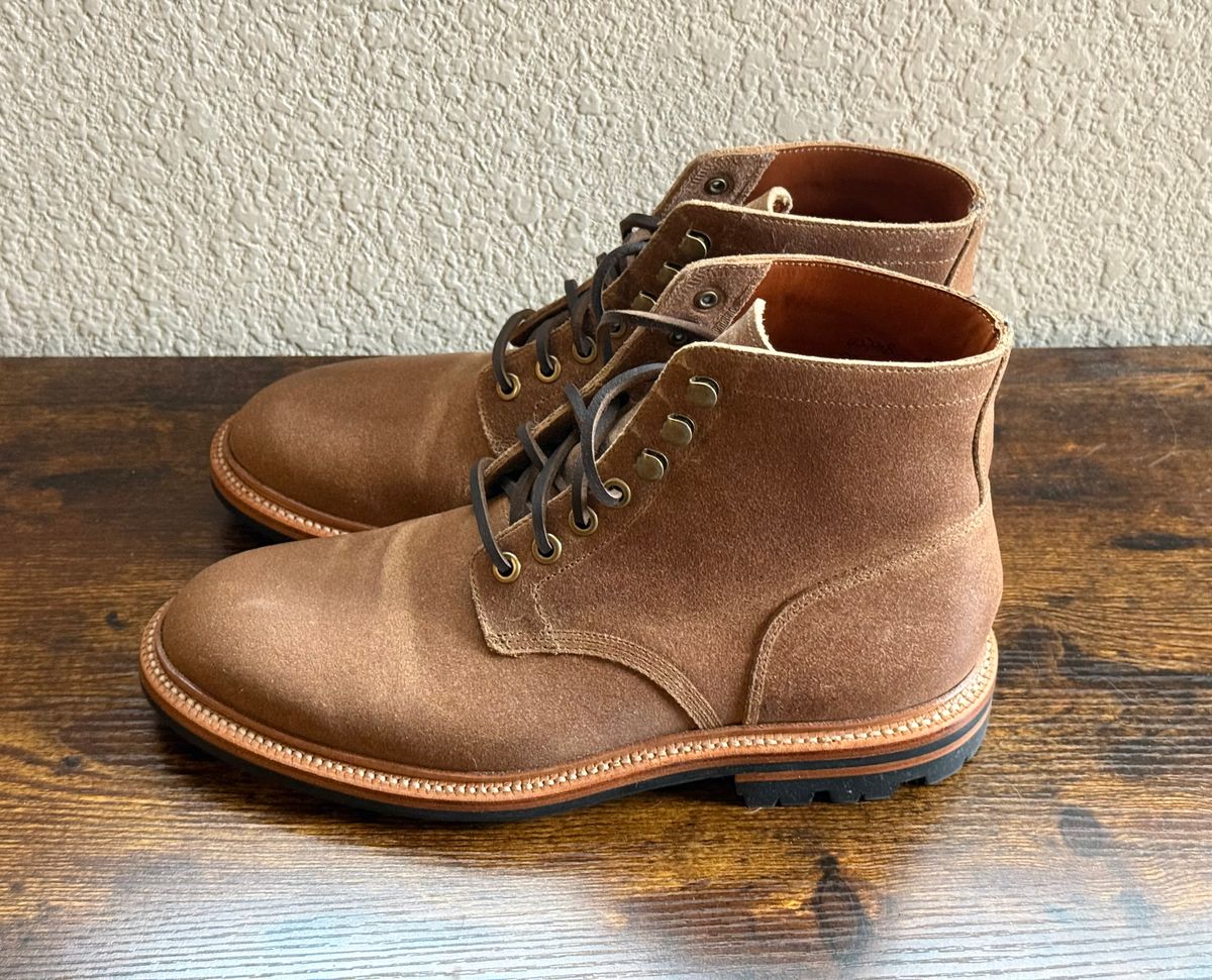 Photo by sierraStyled on November 14, 2025 of the Grant Stone Diesel Boot in C.F. Stead Natural Waxy Commander Suede.