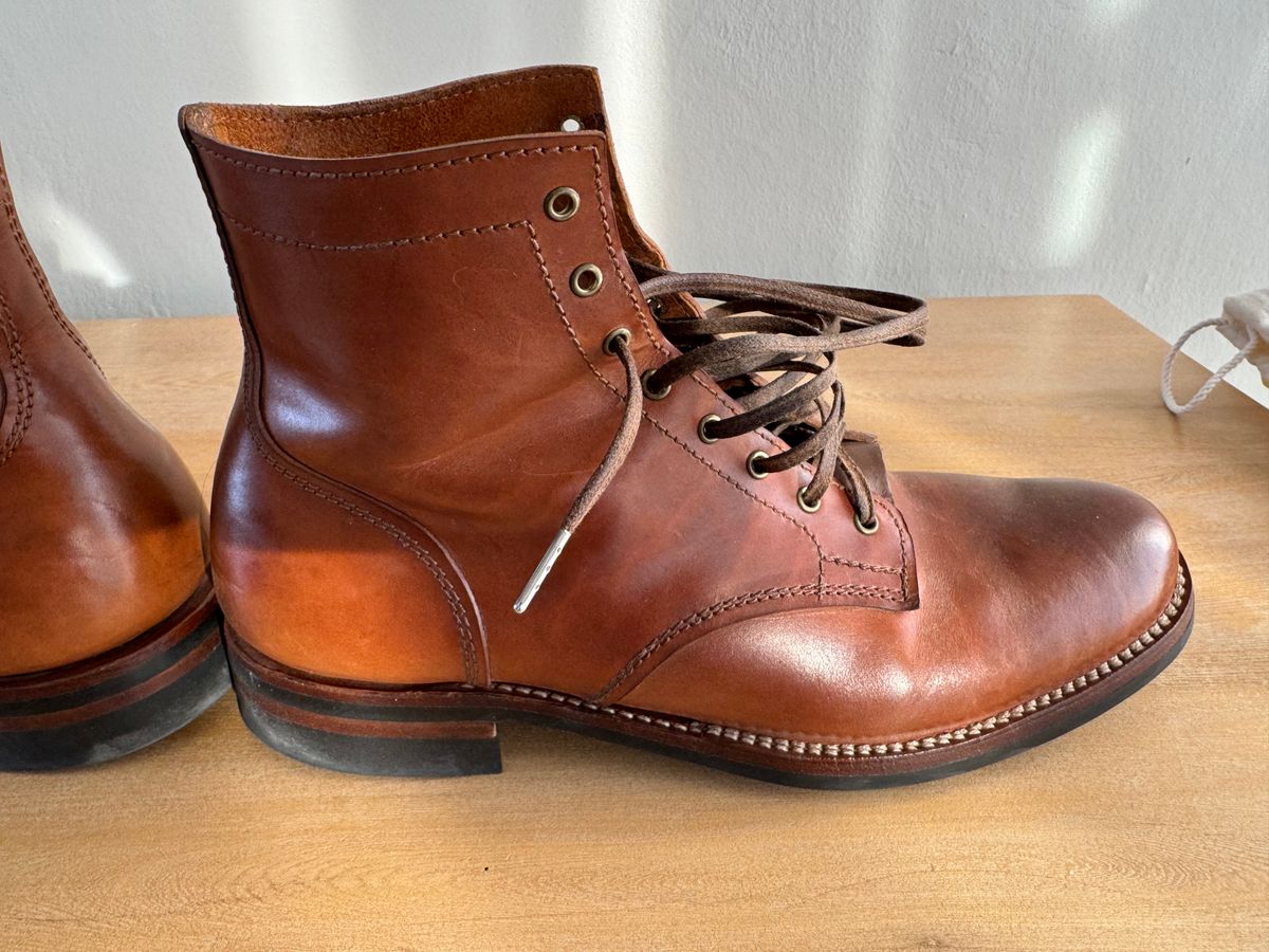 Photo by TTwitchell on November 27, 2025 of the Oldspeed MFG Service Boot 6” in Horween Russet Horsehide Strips.