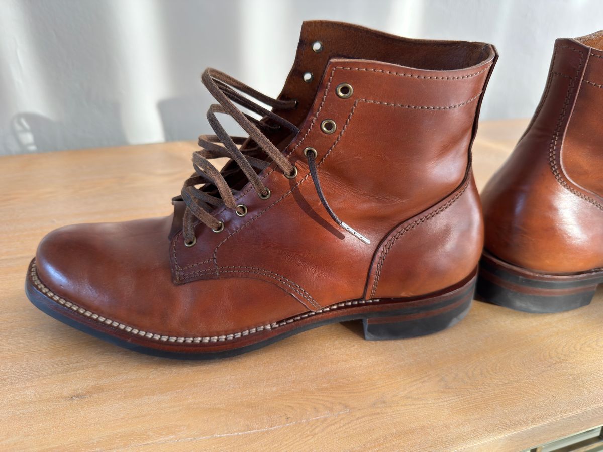 Photo by TTwitchell on November 27, 2025 of the Oldspeed MFG Service Boot 6” in Horween Russet Horsehide Strips.