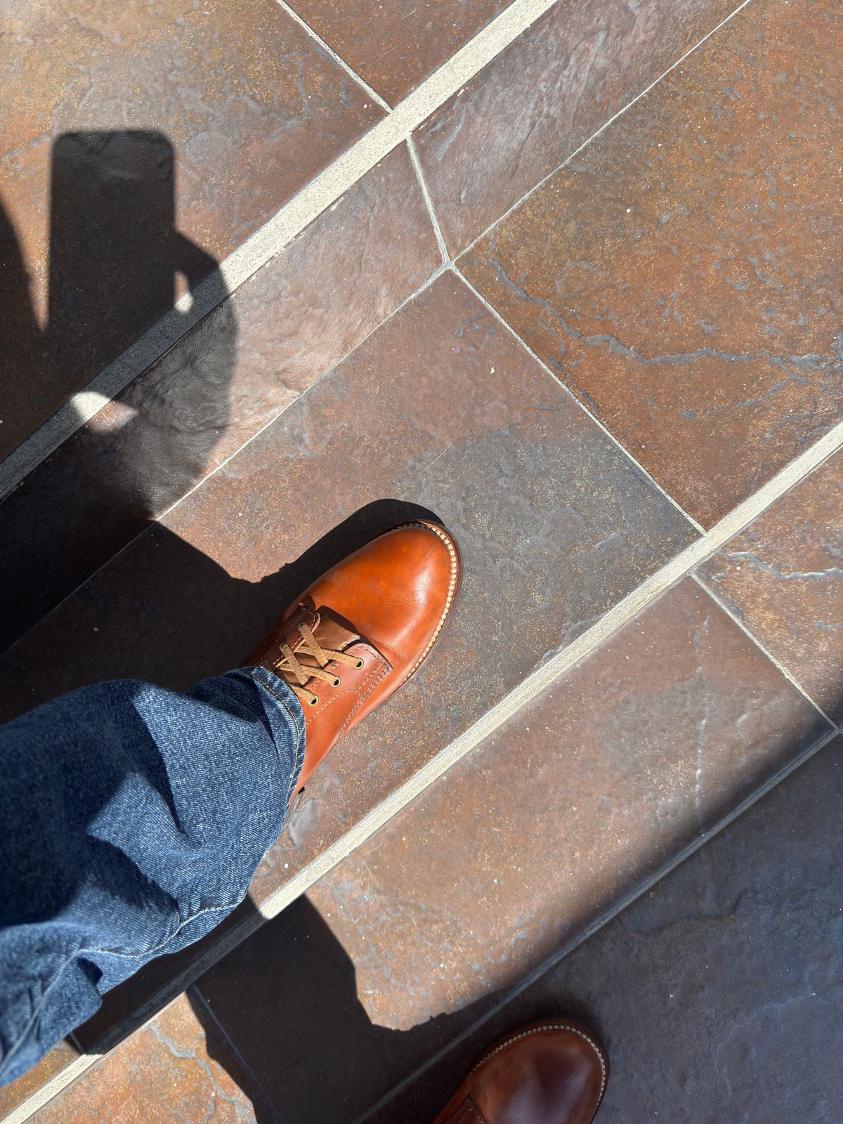 Photo by TTwitchell on December 3, 2025 of the Oldspeed MFG Service Boot 6” in Horween Russet Horsehide Strips.