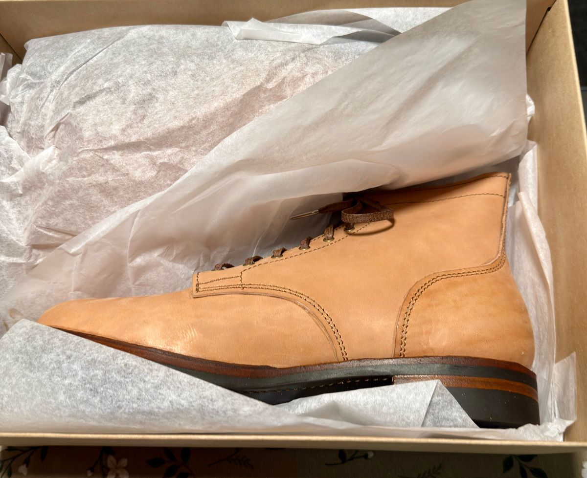 Photo by TTwitchell on October 1, 2025 of the Oldspeed Service Boot 6” in Horween Russet Horsehide Strips.
