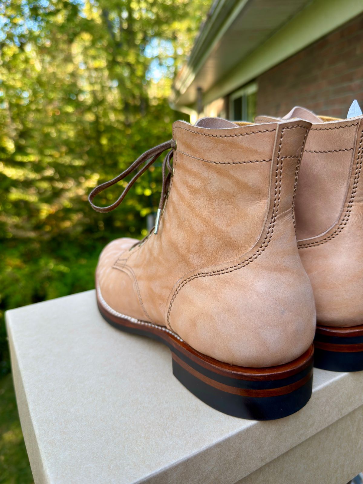 Photo by TTwitchell on October 1, 2025 of the Oldspeed Service Boot 6” in Horween Russet Horsehide Strips.