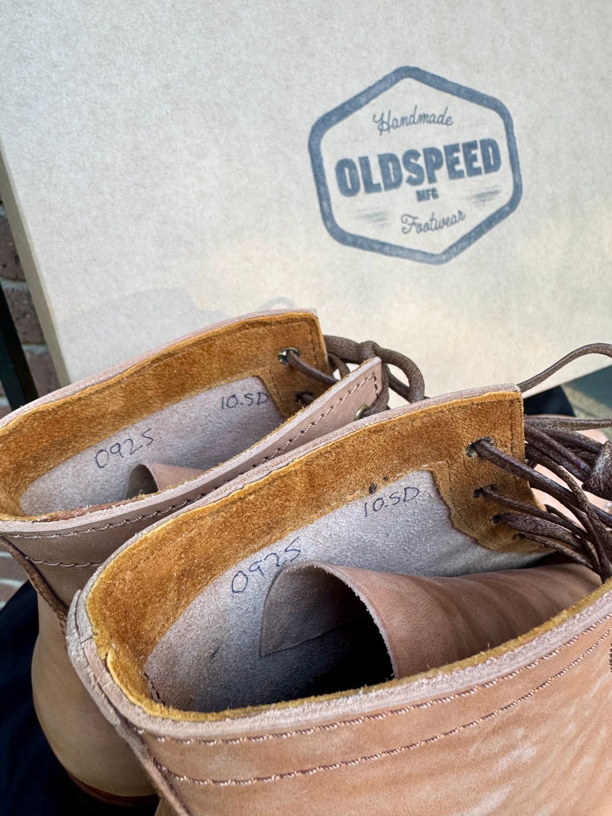 Photo by TTwitchell on October 1, 2025 of the Oldspeed Service Boot 6” in Horween Russet Horsehide Strips.