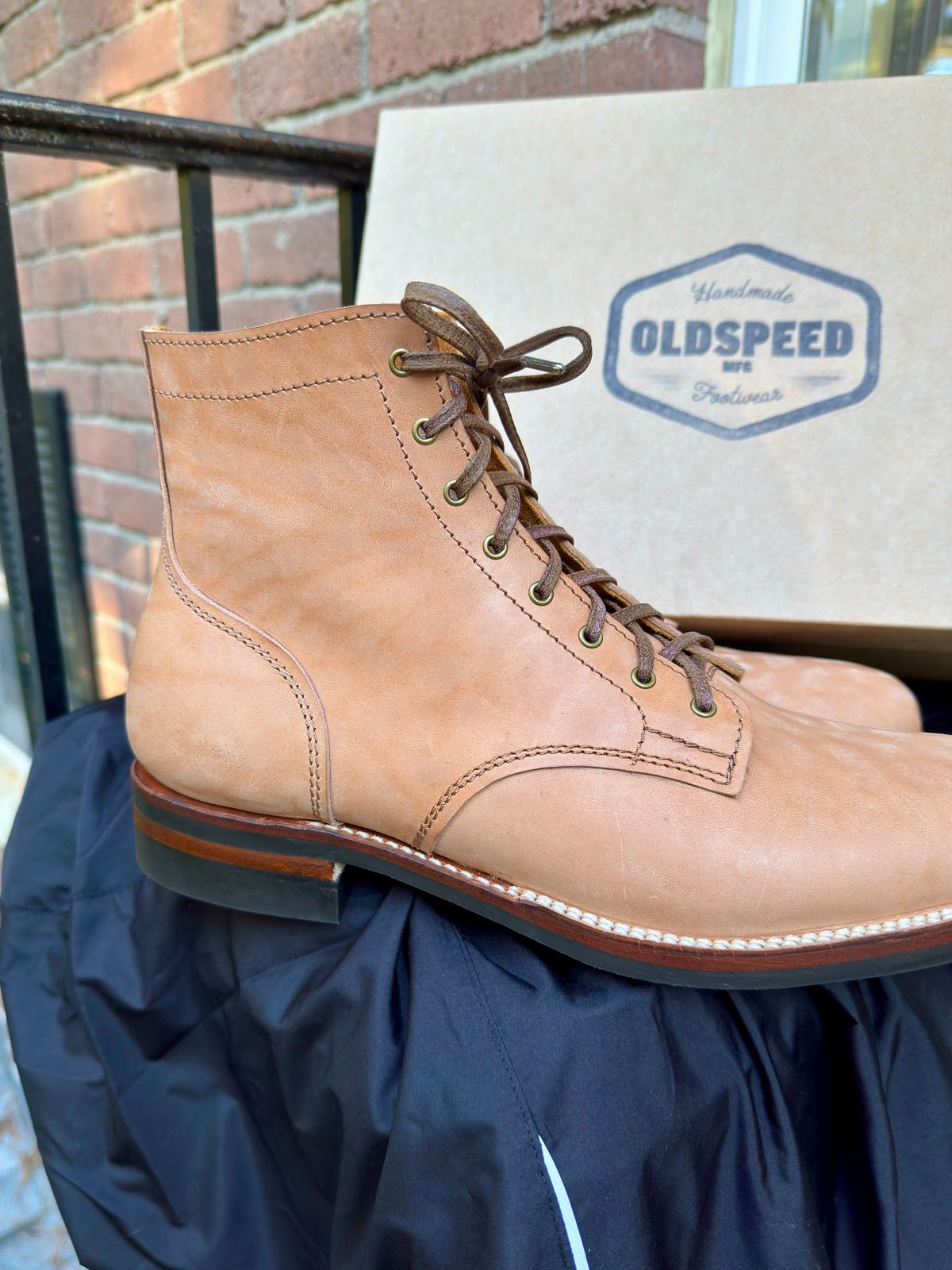 Photo by TTwitchell on October 1, 2025 of the Oldspeed Service Boot 6” in Horween Russet Horsehide Strips.