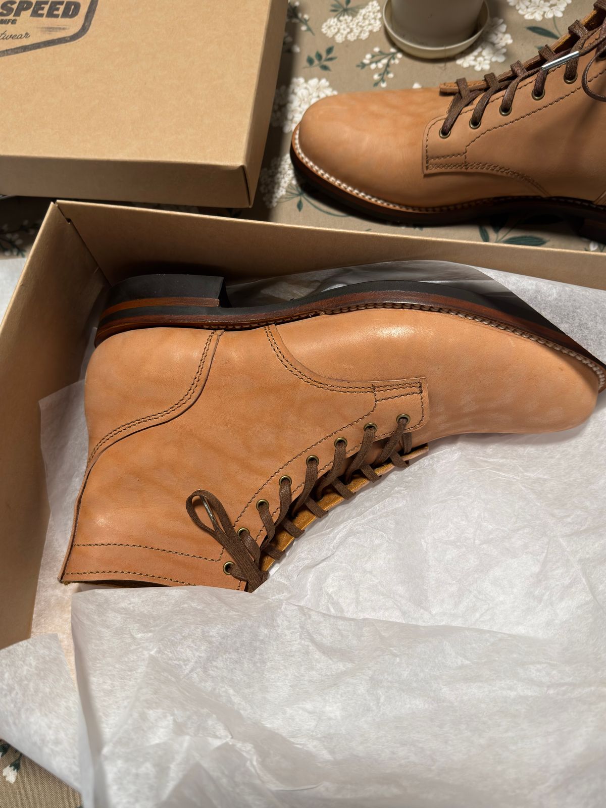 Photo by TTwitchell on October 1, 2025 of the Oldspeed Service Boot 6” in Horween Russet Horsehide Strips.