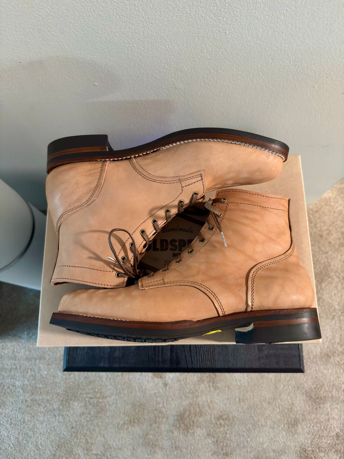 Photo by TTwitchell on October 1, 2025 of the Oldspeed Service Boot 6” in Horween Russet Horsehide Strips.