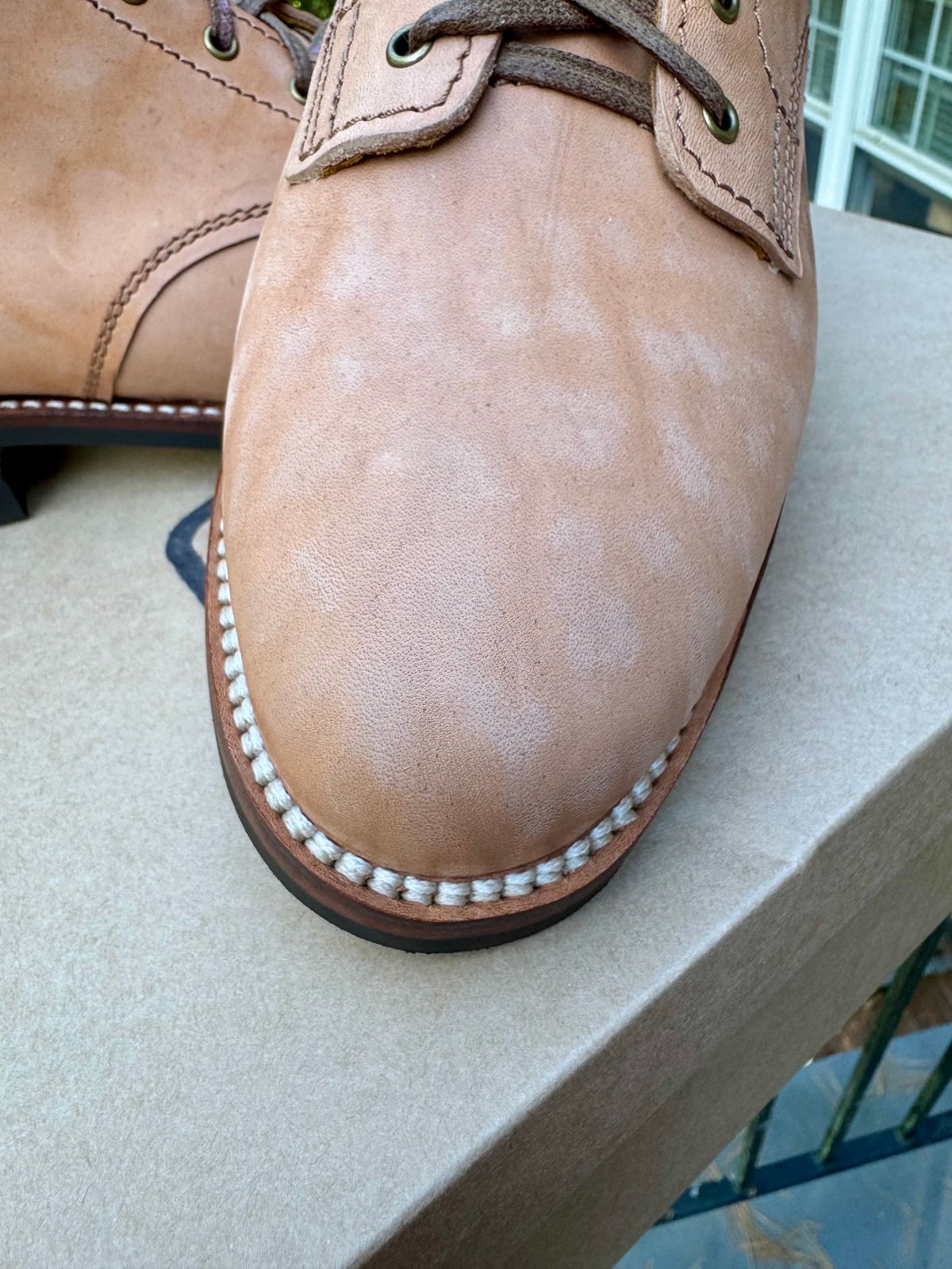 Photo by TTwitchell on October 1, 2025 of the Oldspeed Service Boot 6” in Horween Russet Horsehide Strips.