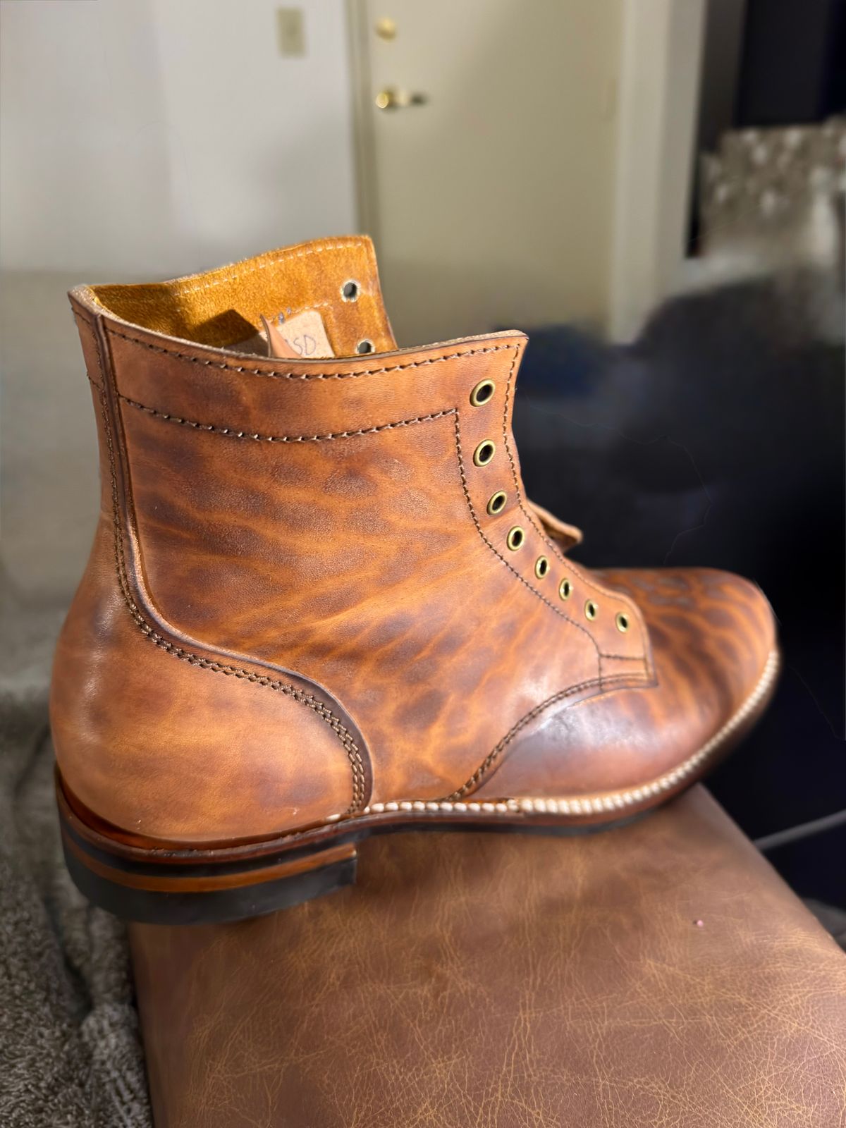 Photo by TTwitchell on October 3, 2025 of the Oldspeed Service Boot 6” in Horween Russet Horsehide Strips.