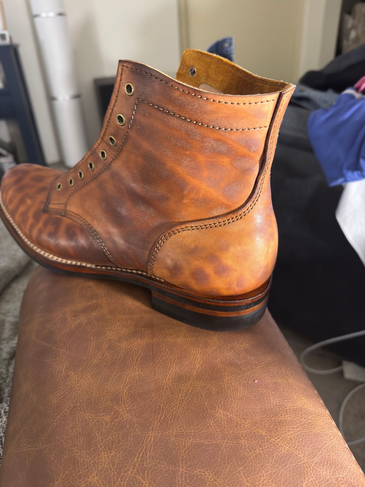 Photo by TTwitchell on October 3, 2025 of the Oldspeed Service Boot 6” in Horween Russet Horsehide Strips.
