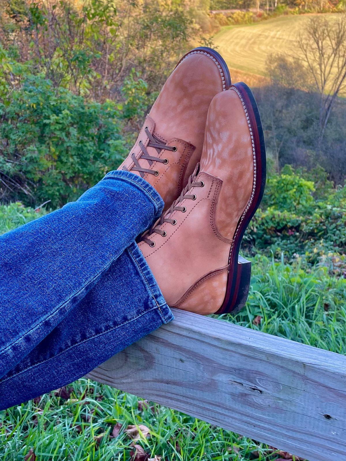 Photo by TTwitchell on October 4, 2025 of the Oldspeed Service Boot 6” in Horween Russet Horsehide Strips.