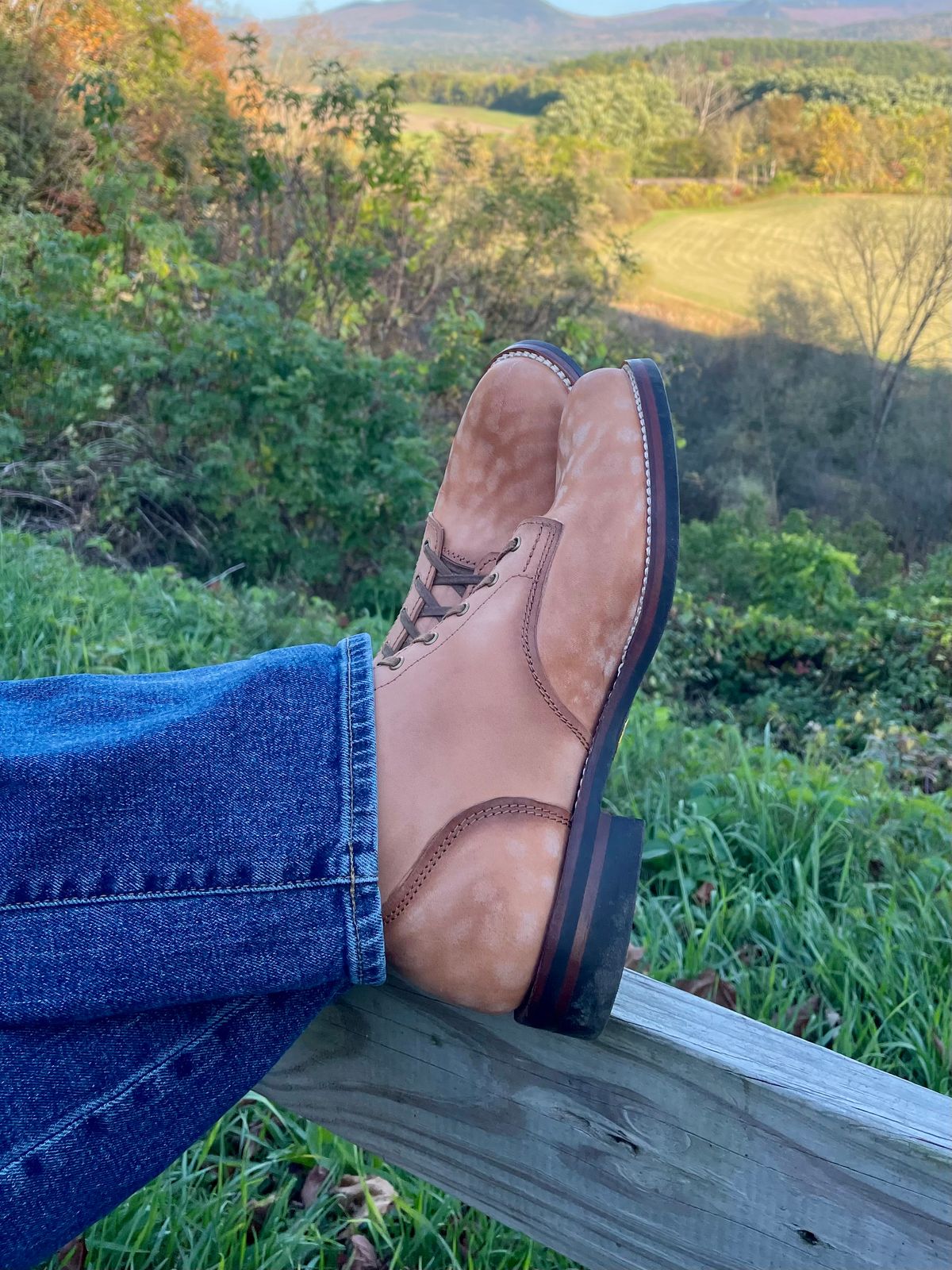 Photo by TTwitchell on October 4, 2025 of the Oldspeed Service Boot 6” in Horween Russet Horsehide Strips.