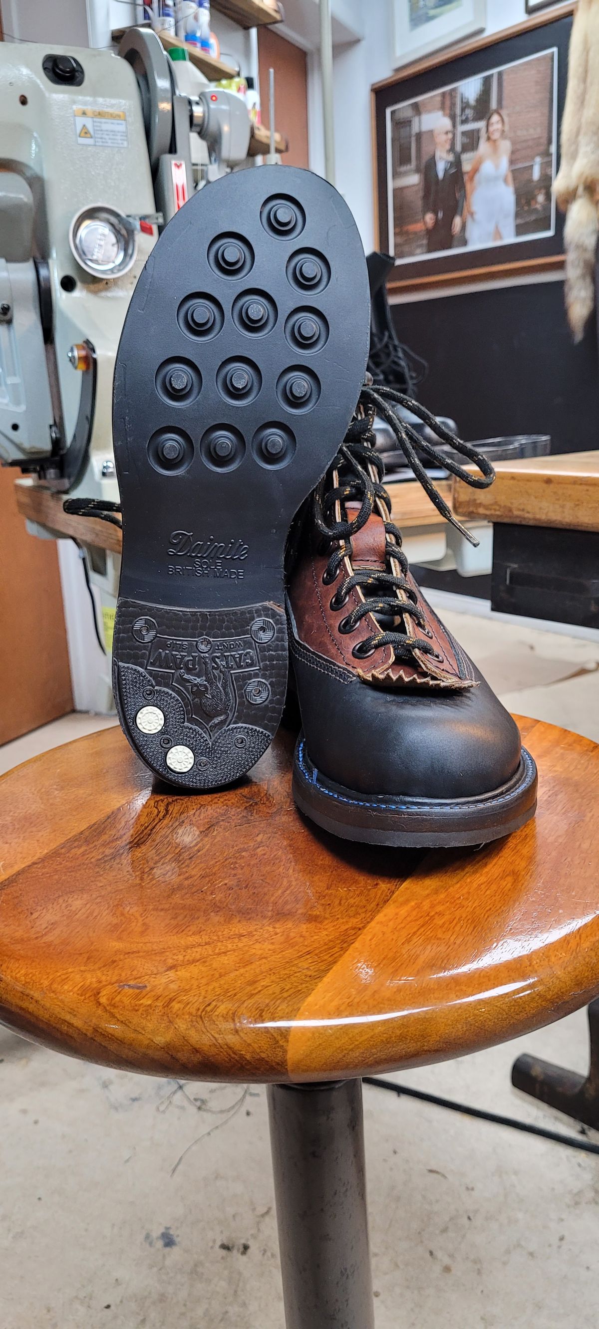 Photo by poorboysoles on October 6, 2024 of the Poor Boy Soles Bespoke Shoe Co. Monkey Boot in Black Matte Trooper & Medium Brown Worn Baseball.