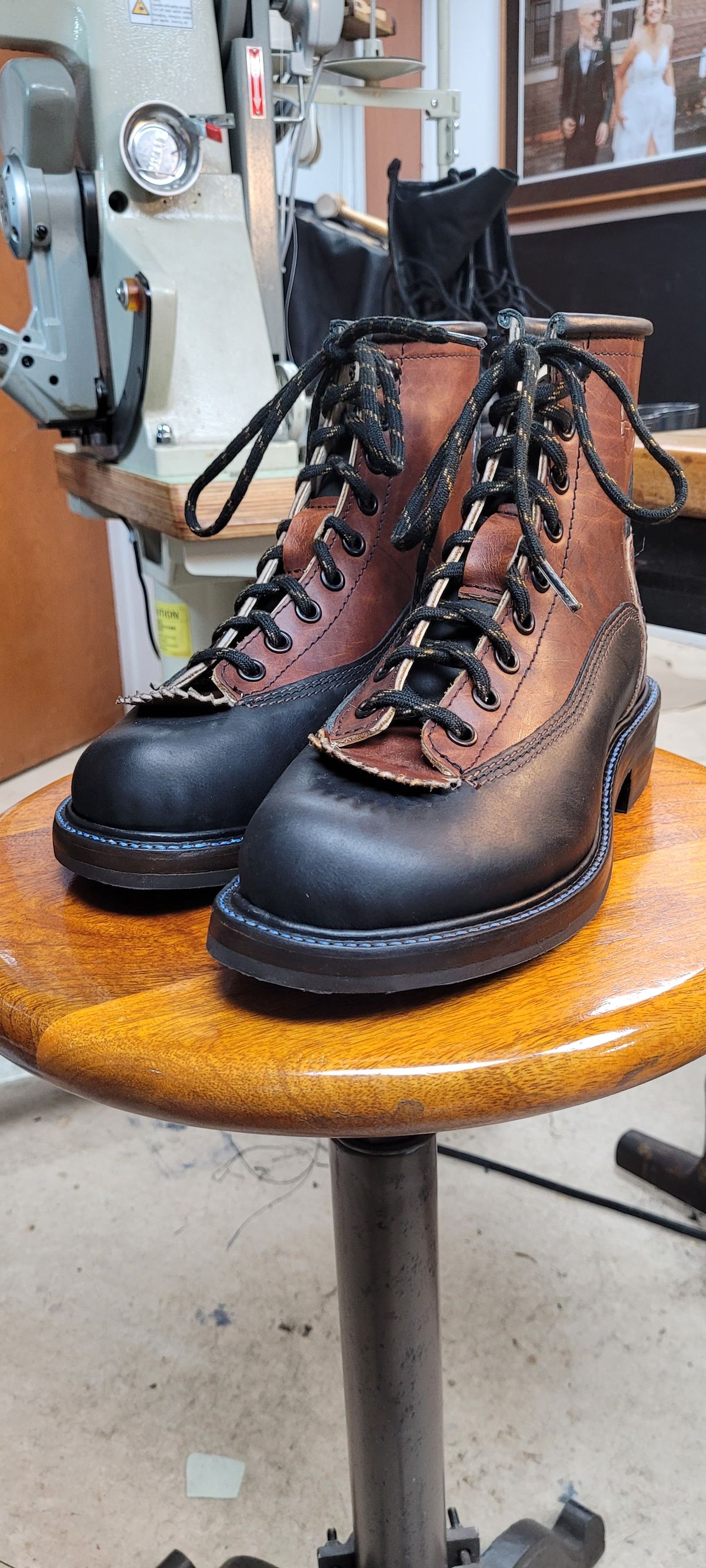 Photo by poorboysoles on October 6, 2024 of the Poor Boy Soles Bespoke Shoe Co. Monkey Boot in Black Matte Trooper & Medium Brown Worn Baseball.