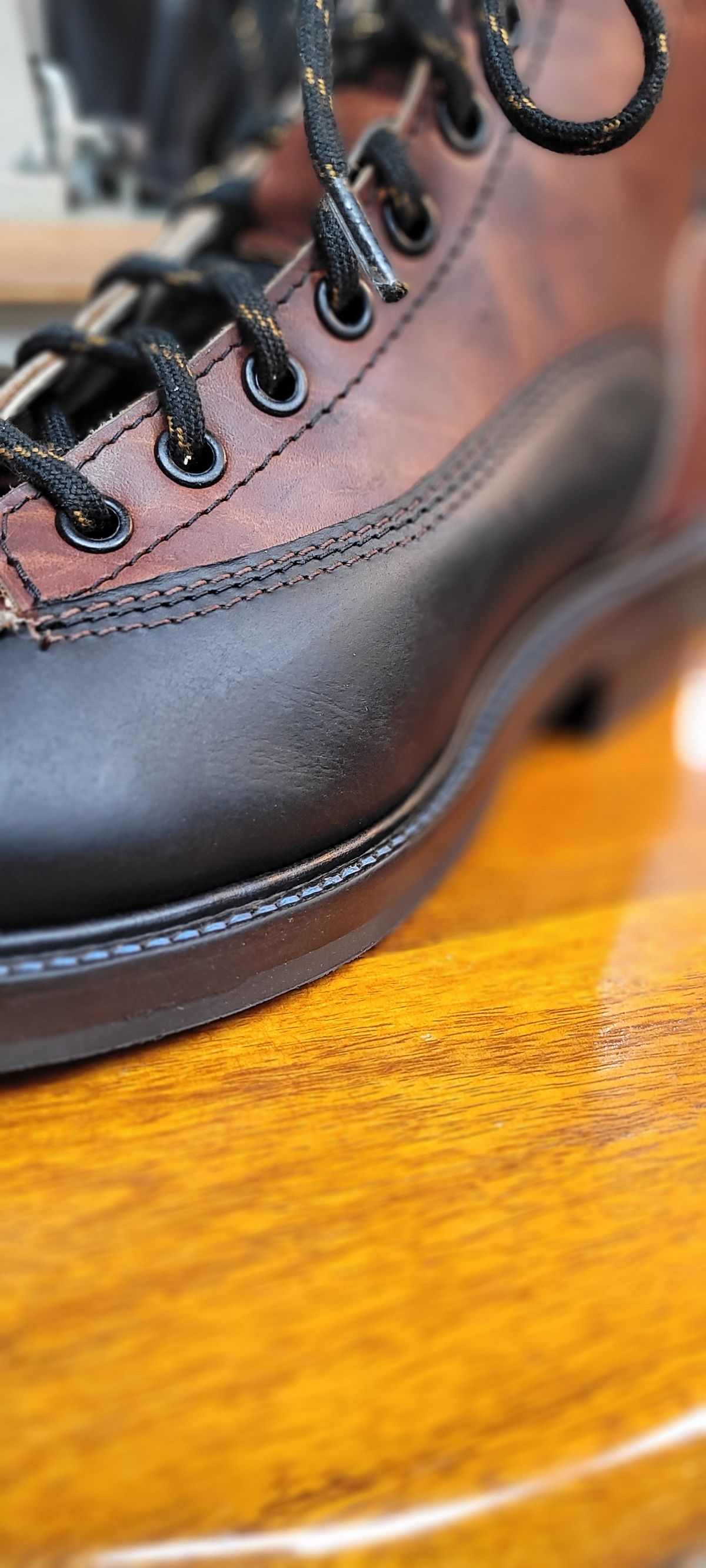 Photo by poorboysoles on October 6, 2024 of the Poor Boy Soles Bespoke Shoe Co. Monkey Boot in Black Matte Trooper & Medium Brown Worn Baseball.