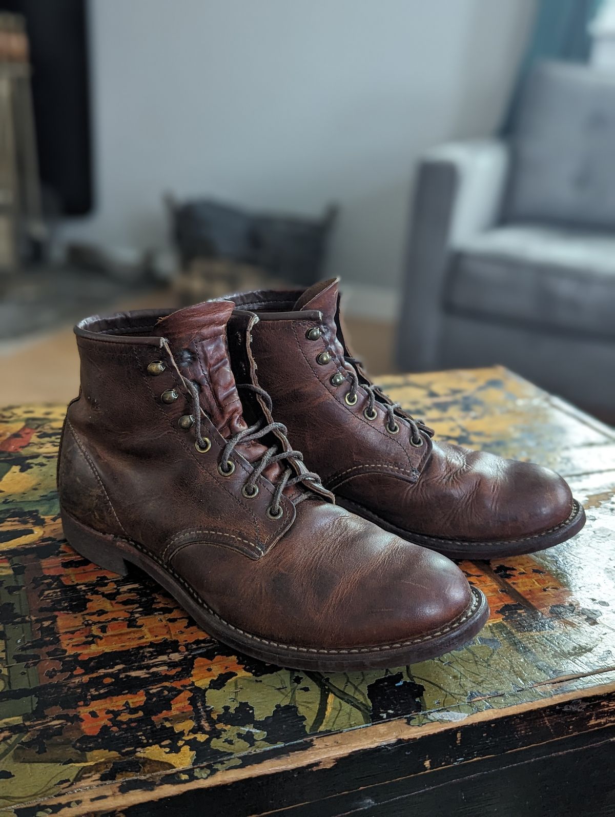 Photo by proof.in.whisky on June 8, 2024 of the Red Wing Blacksmith in S.B. Foot Copper Rough and Tough.