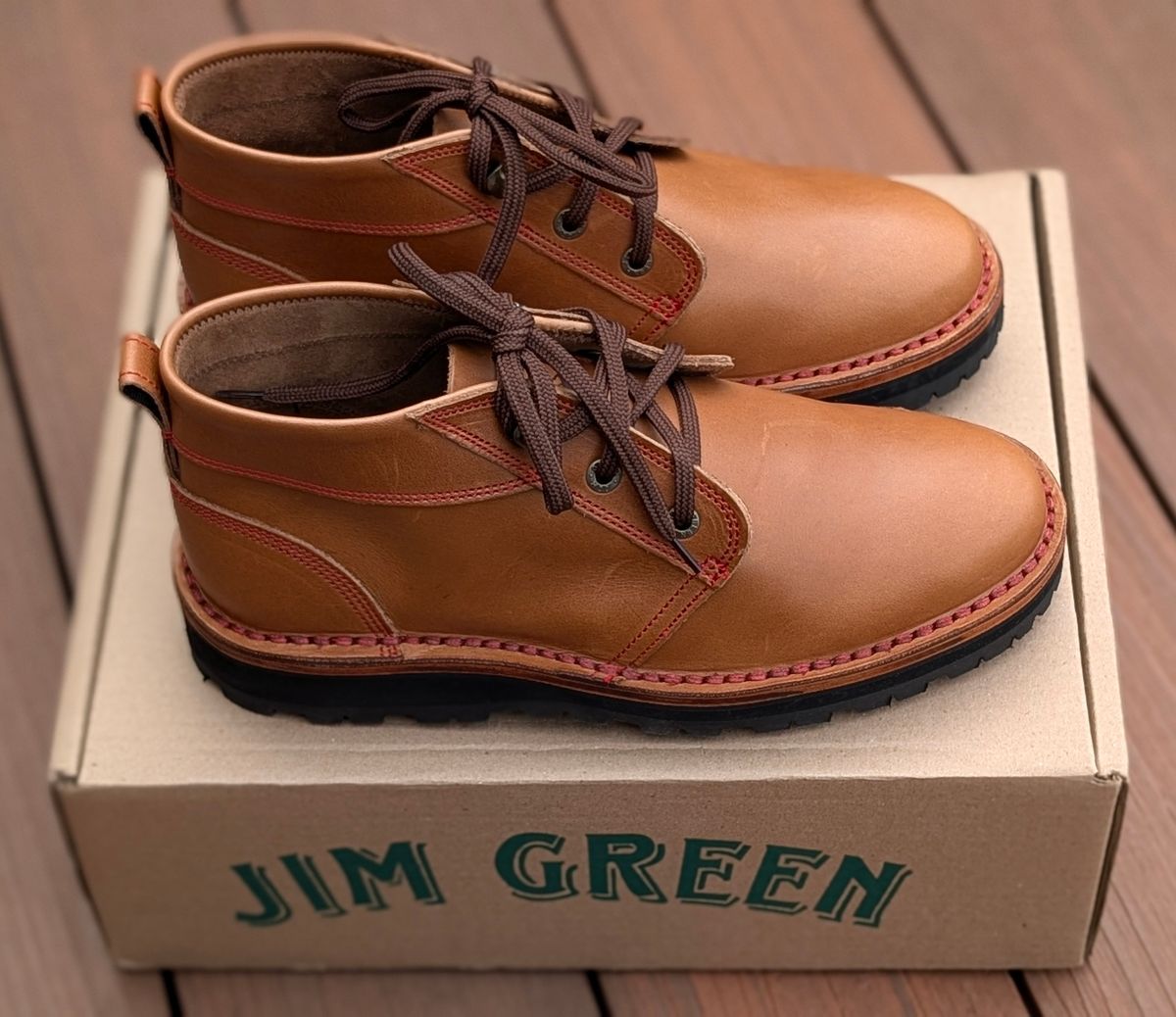 Photo by Yakkboot73 on May 26, 2025 of the Jim Green Turbo Vellie Custom in Natural Veg Tan.