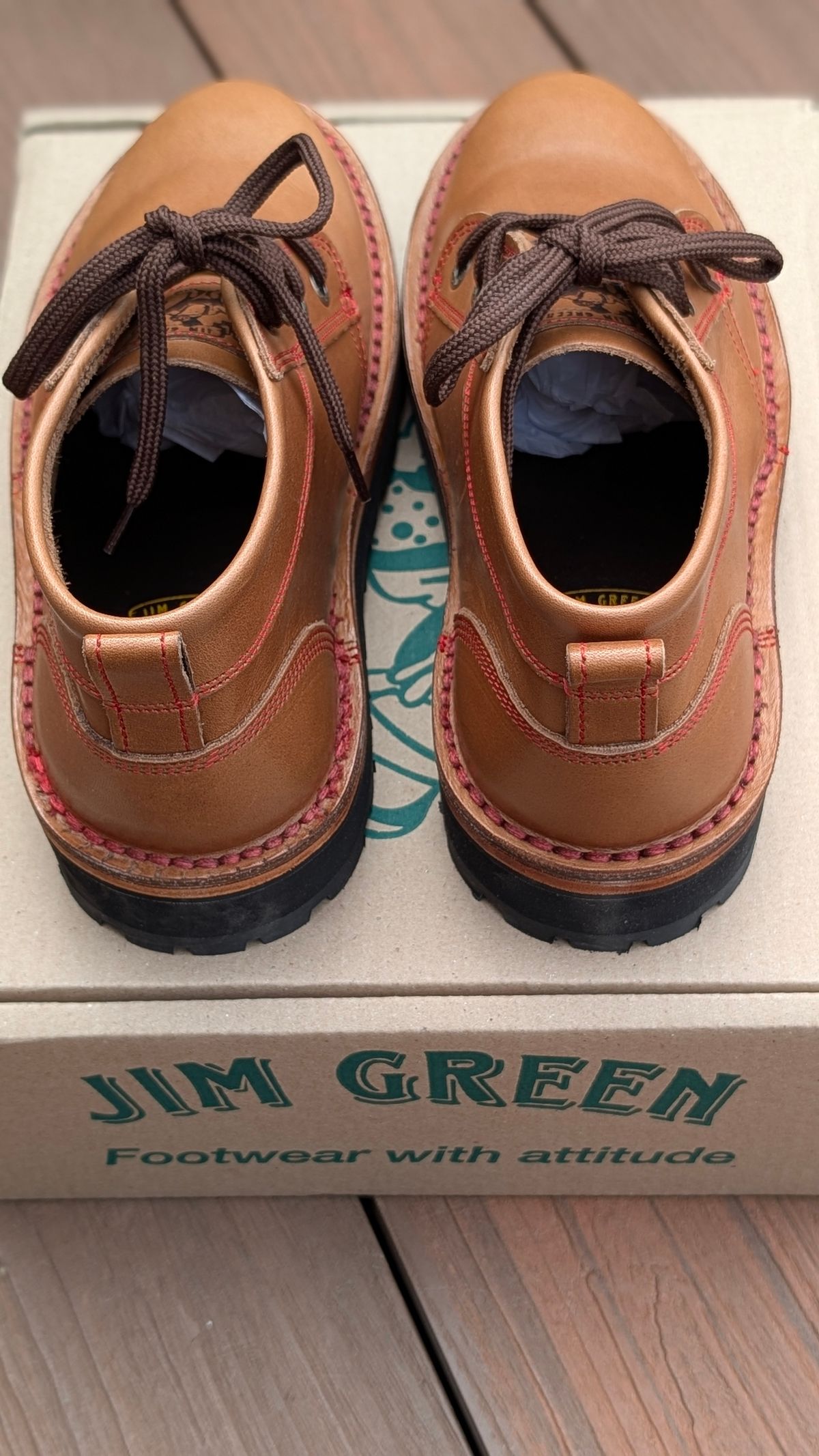 Photo by Yakkboot73 on May 26, 2025 of the Jim Green Turbo Vellie Custom in Natural Veg Tan.