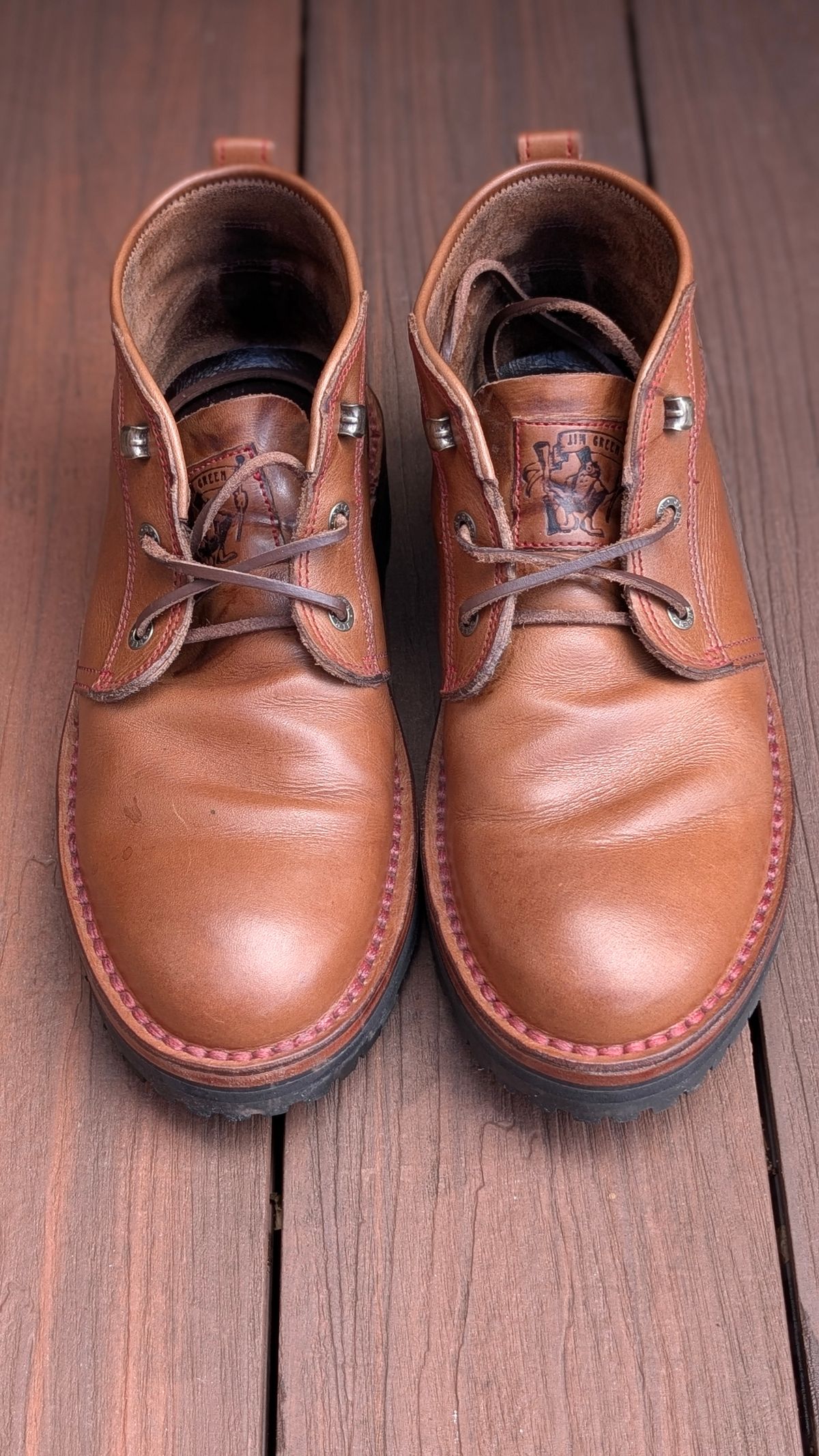 Photo by Yakkboot73 on July 6, 2025 of the Jim Green Turbo Vellie Custom in Natural Veg Tan.