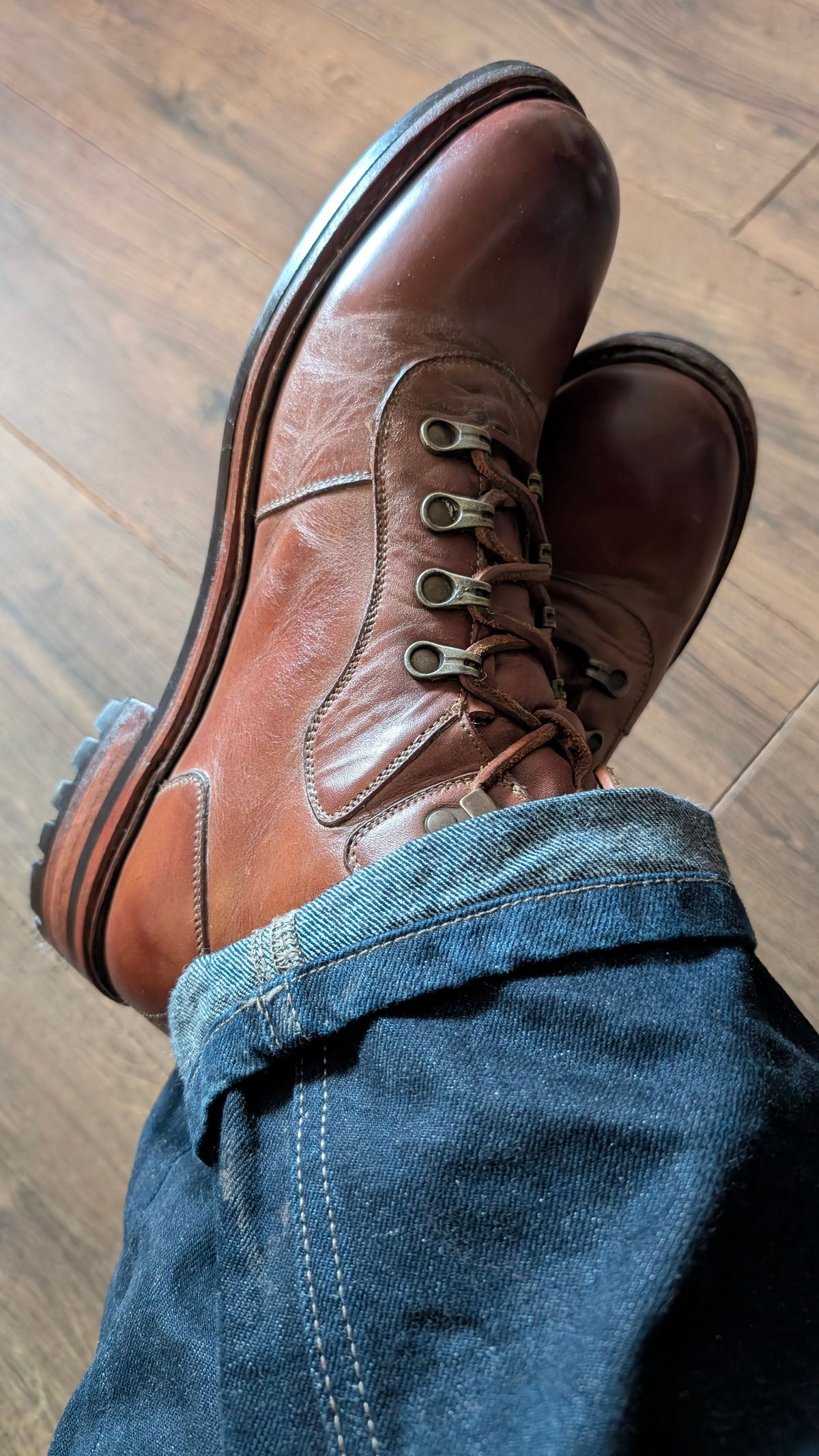 Photo by Yakkboot73 on September 20, 2025 of the Blkbrd Shoemaker Bulwark Trek Boot in Cognac.