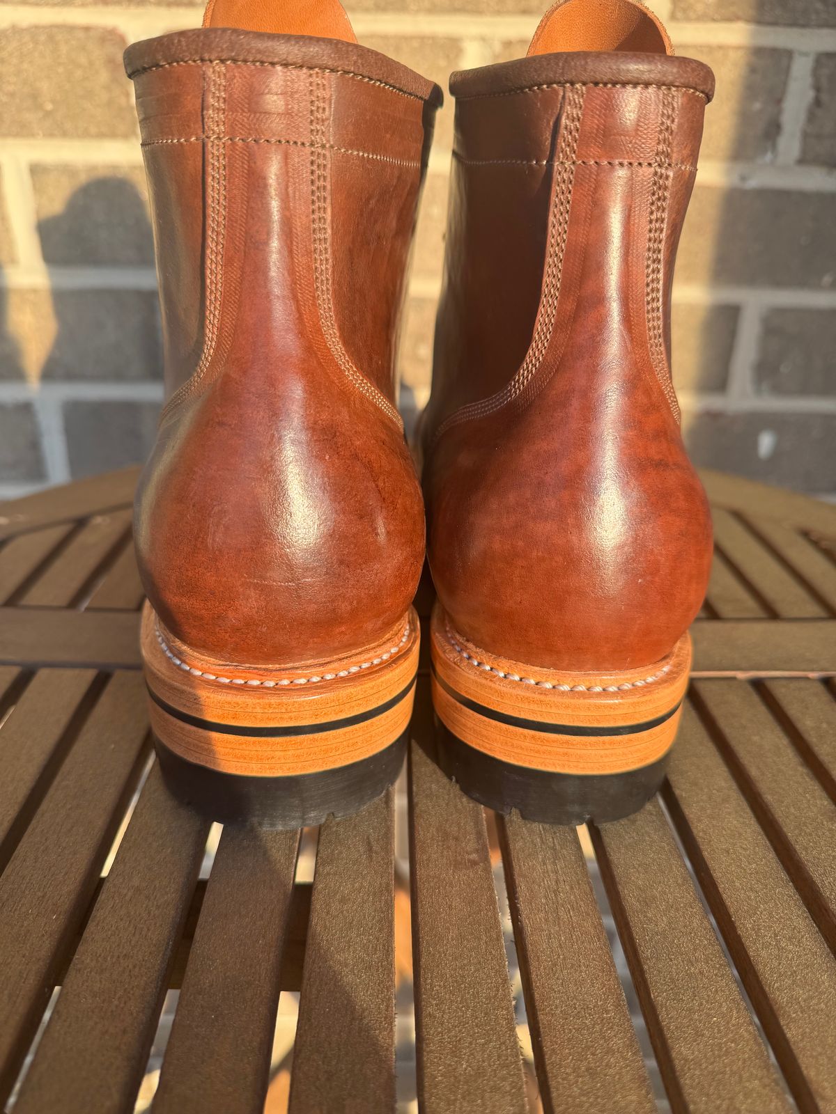 Photo by stevenh969 on April 24, 2025 of the Prof Barnets Bulky Cap Toe Boots in Maryam Brown Horsebutt.