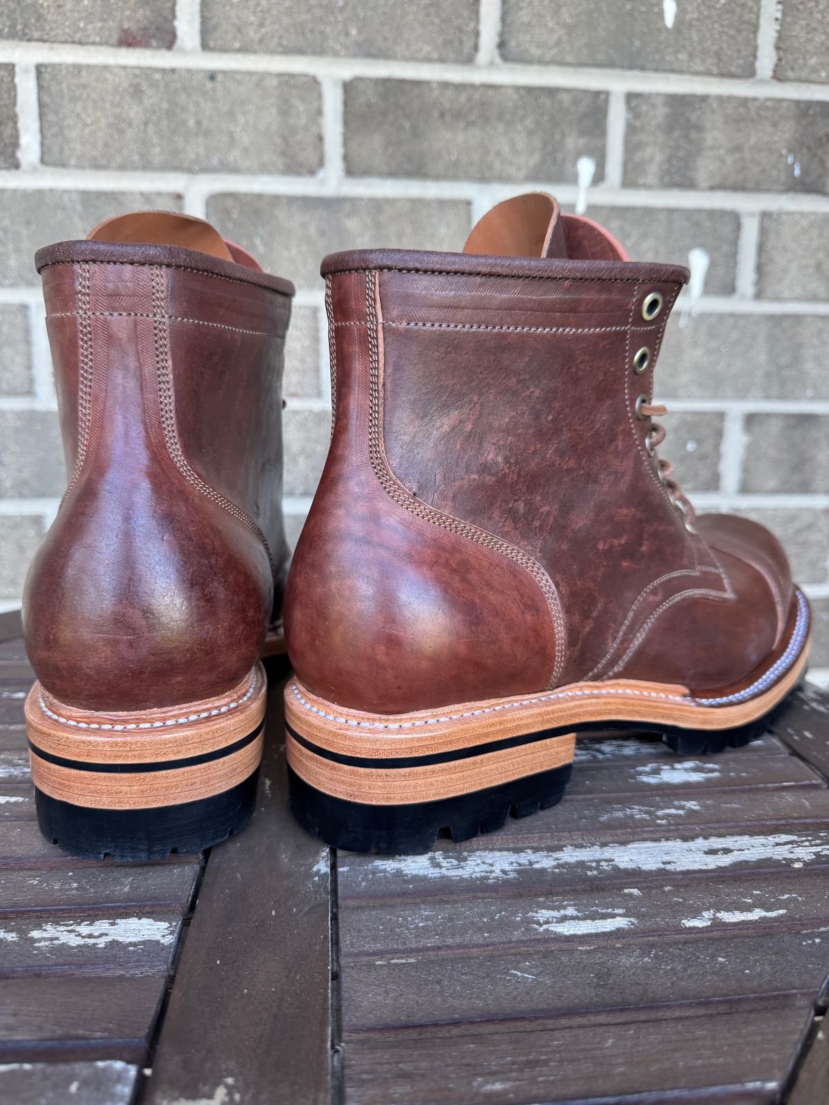 Photo by stevenh969 on October 1, 2025 of the Prof Barnets Bulky Cap Toe Boots in Maryam Brown Horsebutt.
