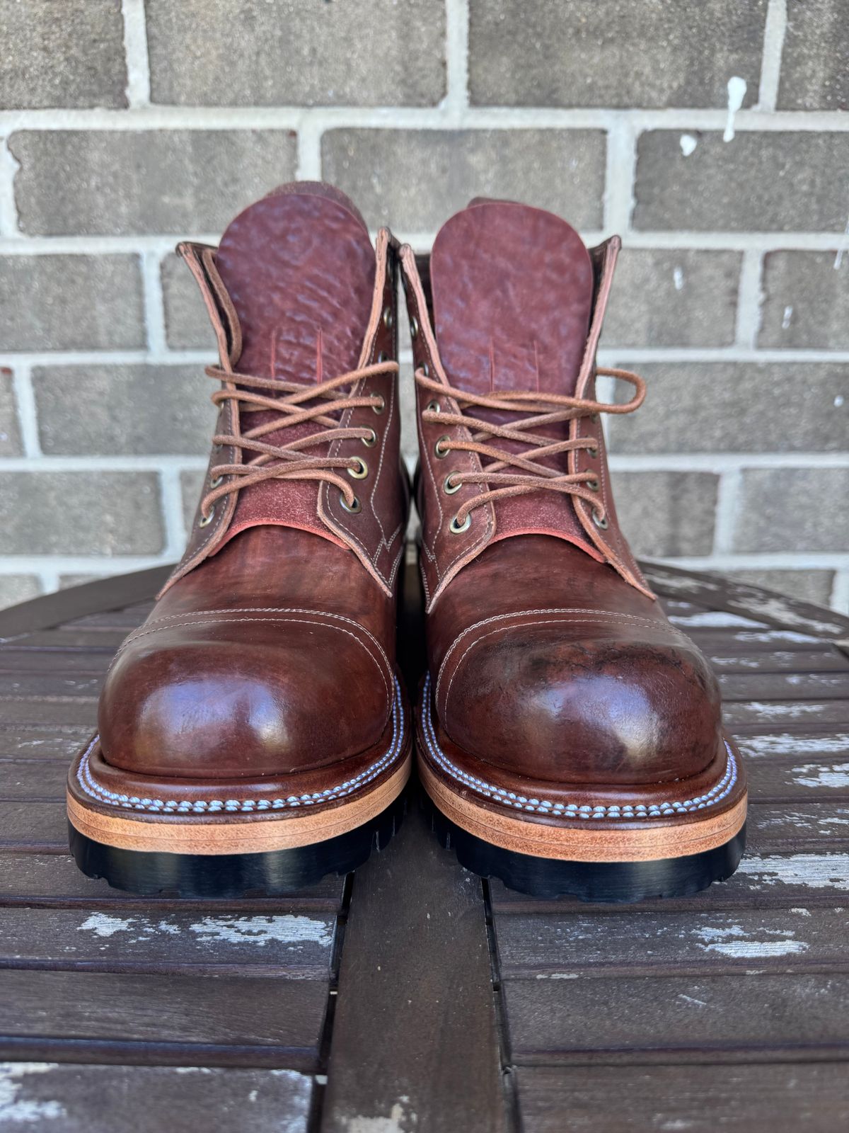 Photo by stevenh969 on October 1, 2025 of the Prof Barnets Bulky Cap Toe Boots in Maryam Brown Horsebutt.