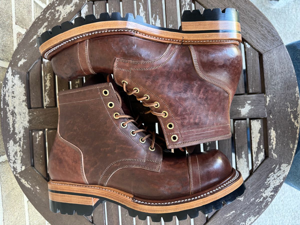 Photo by stevenh969 on October 1, 2025 of the Prof Barnets Bulky Cap Toe Boots in Maryam Brown Horsebutt.