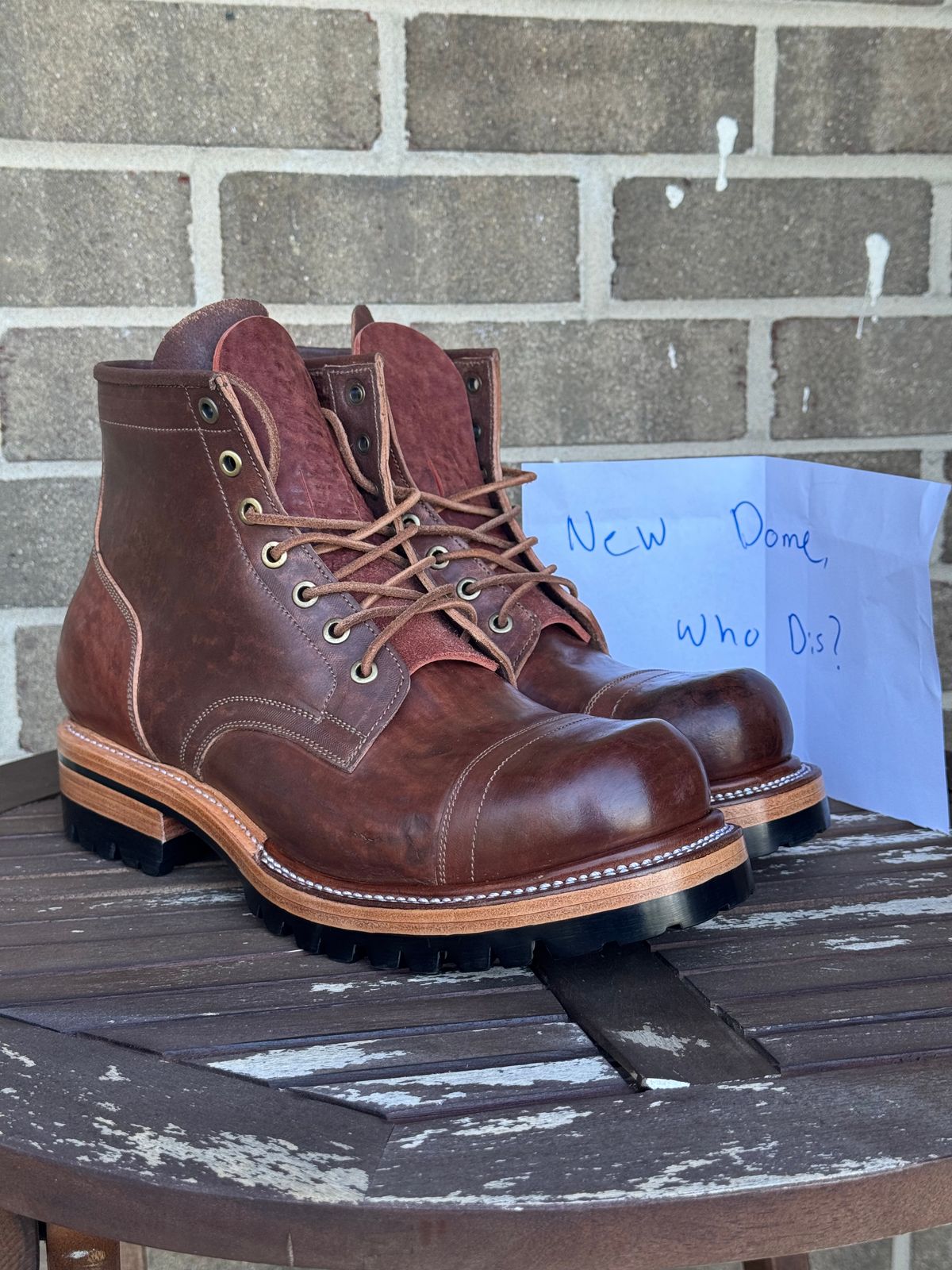 Photo by stevenh969 on October 1, 2025 of the Prof Barnets Bulky Cap Toe Boots in Maryam Brown Horsebutt.
