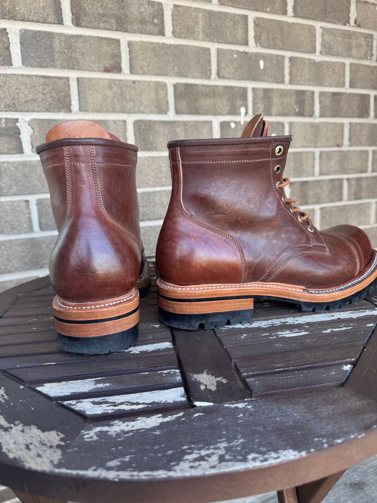 Photo by stevenh969 on November 1, 2025 of the Prof Barnets Bulky Cap Toe Boots in Maryam Brown Horsebutt.