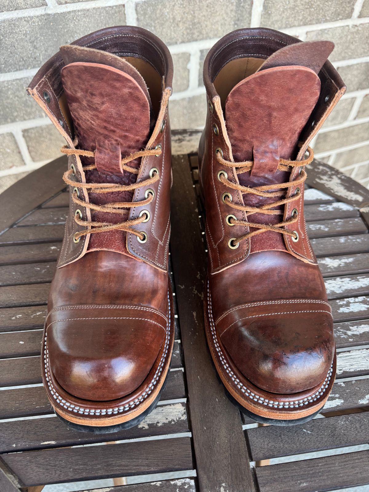 Photo by stevenh969 on November 1, 2025 of the Prof Barnets Bulky Cap Toe Boots in Maryam Brown Horsebutt.