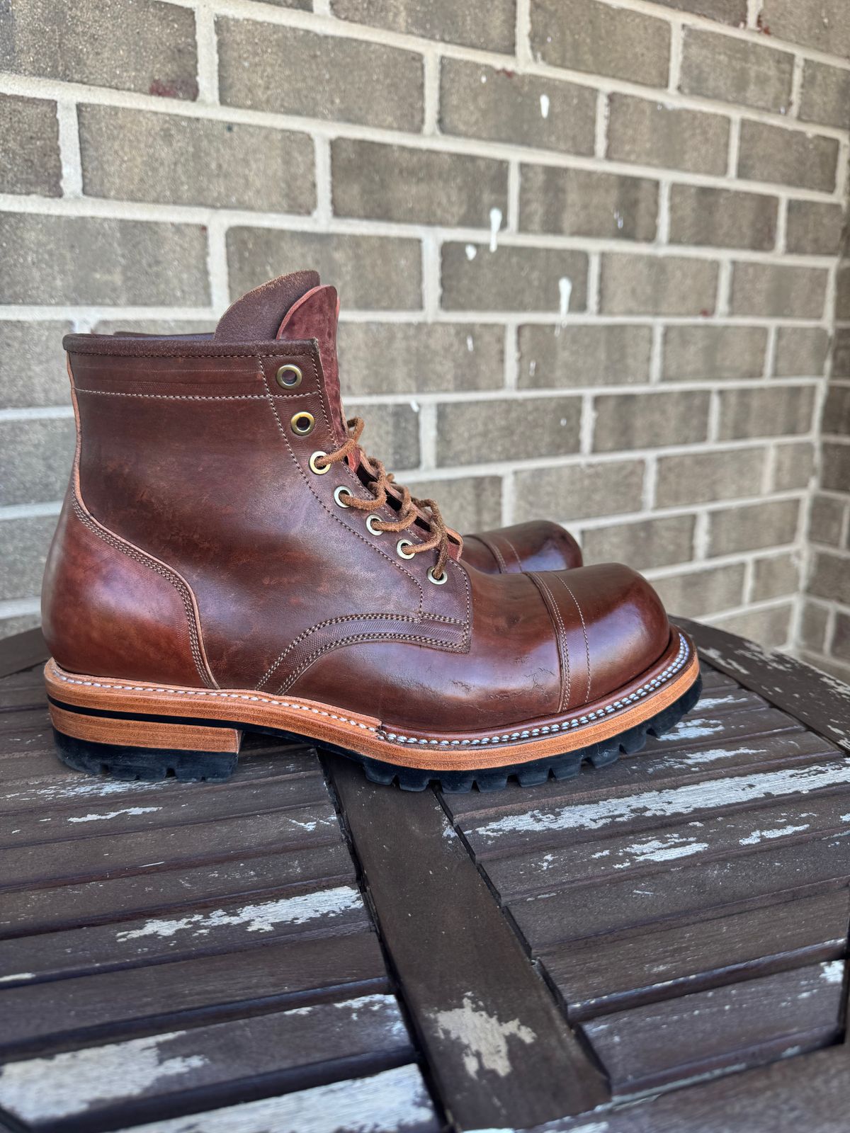 Photo by stevenh969 on November 1, 2025 of the Prof Barnets Bulky Cap Toe Boots in Maryam Brown Horsebutt.