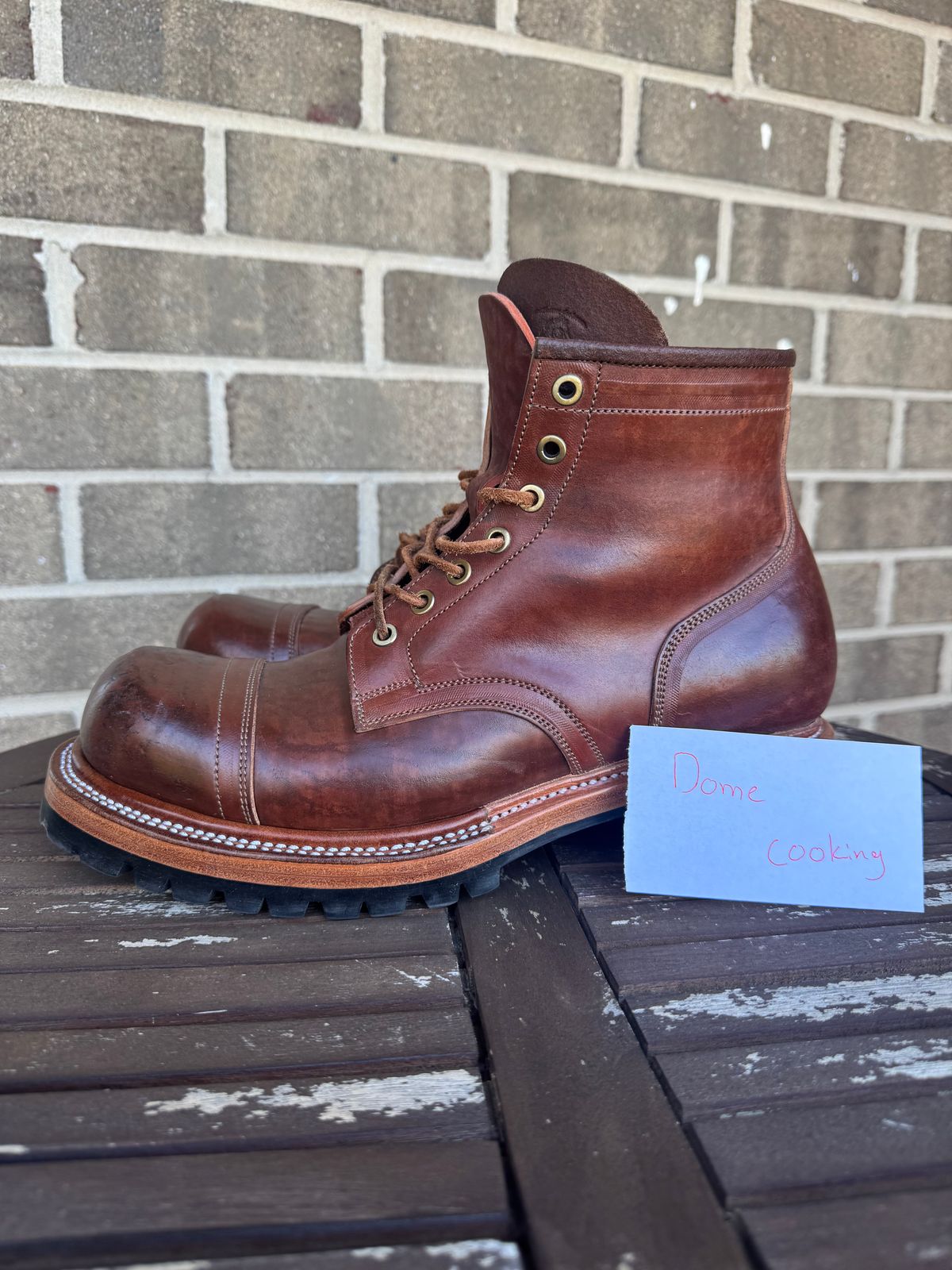 Photo by stevenh969 on November 1, 2025 of the Prof Barnets Bulky Cap Toe Boots in Maryam Brown Horsebutt.