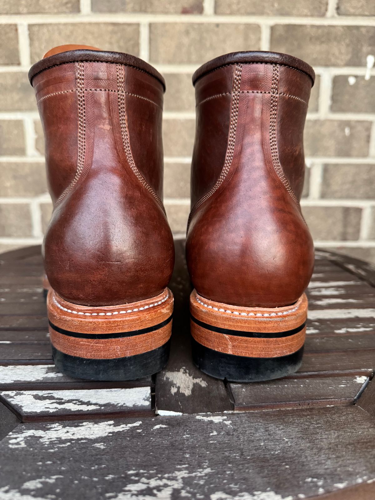 Photo by stevenh969 on December 2, 2025 of the Prof Barnets Bulky Cap Toe Boots in Maryam Brown Horsebutt.