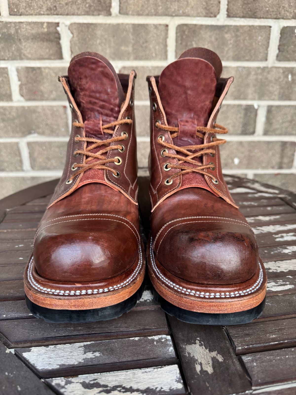 Photo by stevenh969 on December 2, 2025 of the Prof Barnets Bulky Cap Toe Boots in Maryam Brown Horsebutt.