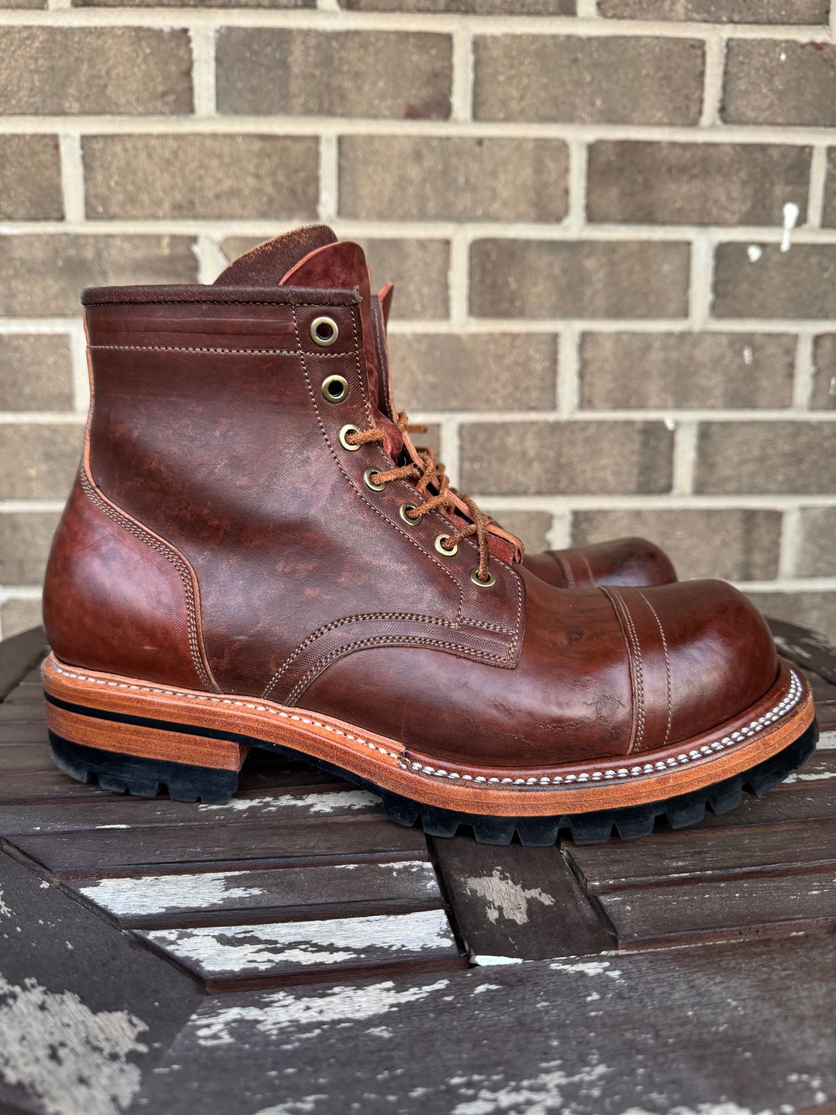 Photo by stevenh969 on December 2, 2025 of the Prof Barnets Bulky Cap Toe Boots in Maryam Brown Horsebutt.